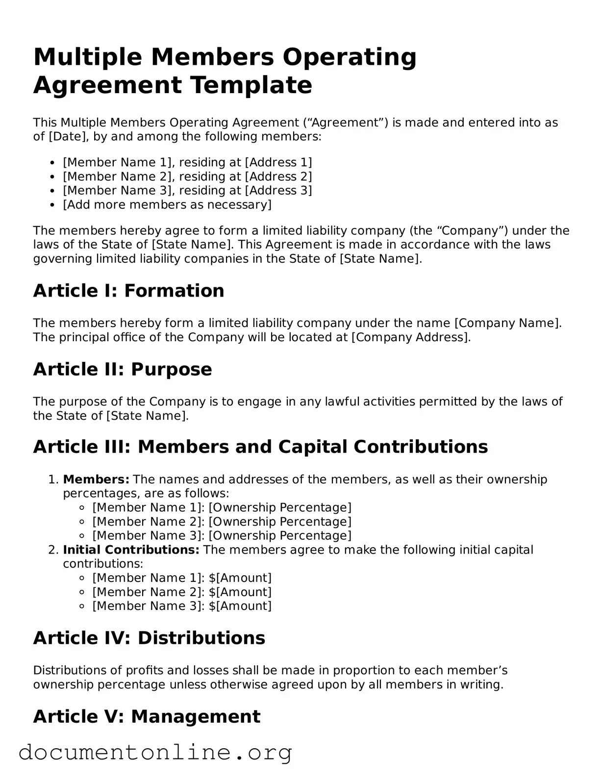 Free Multiple Members Operating Agreement Form