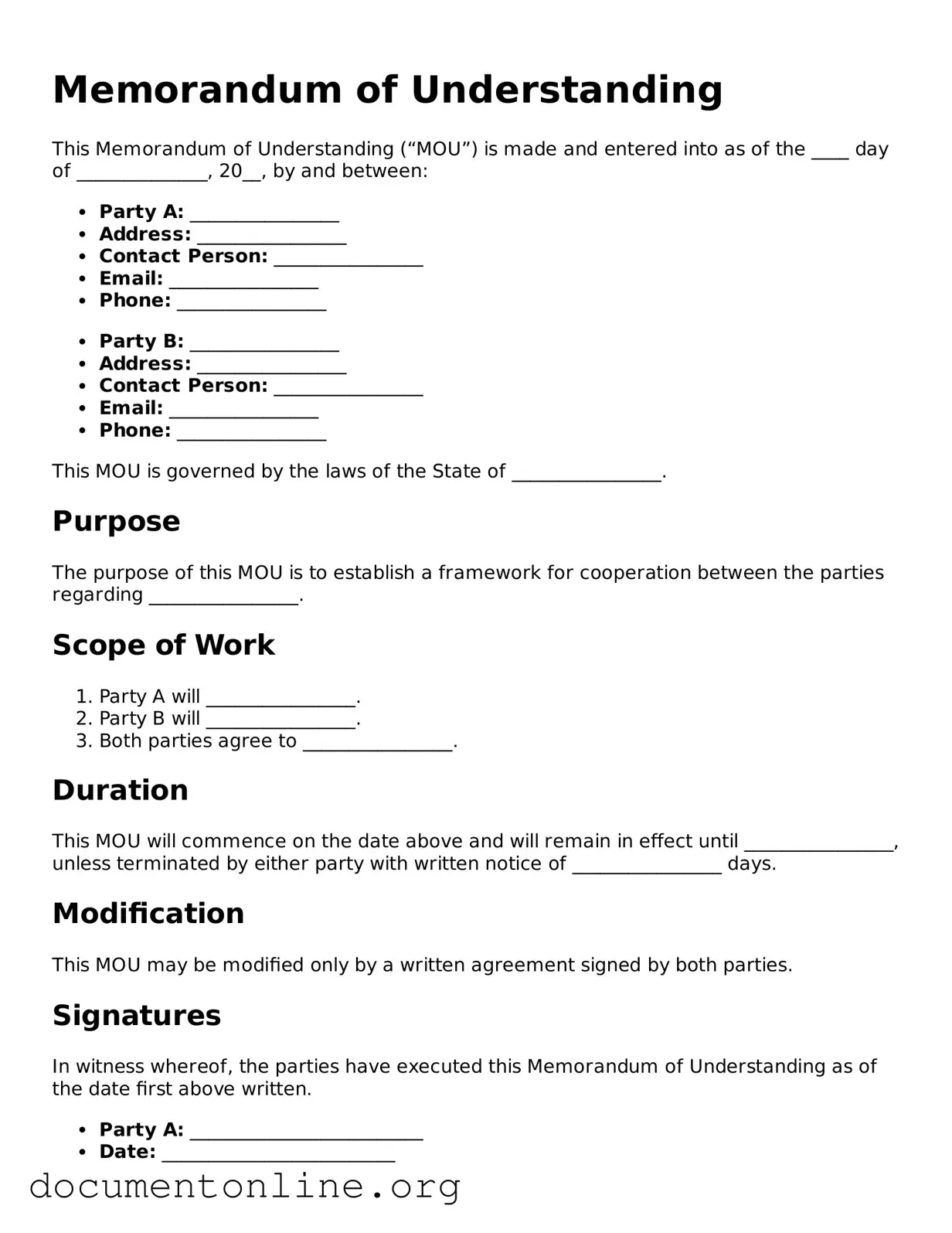 Free Memorandum of Understanding Form