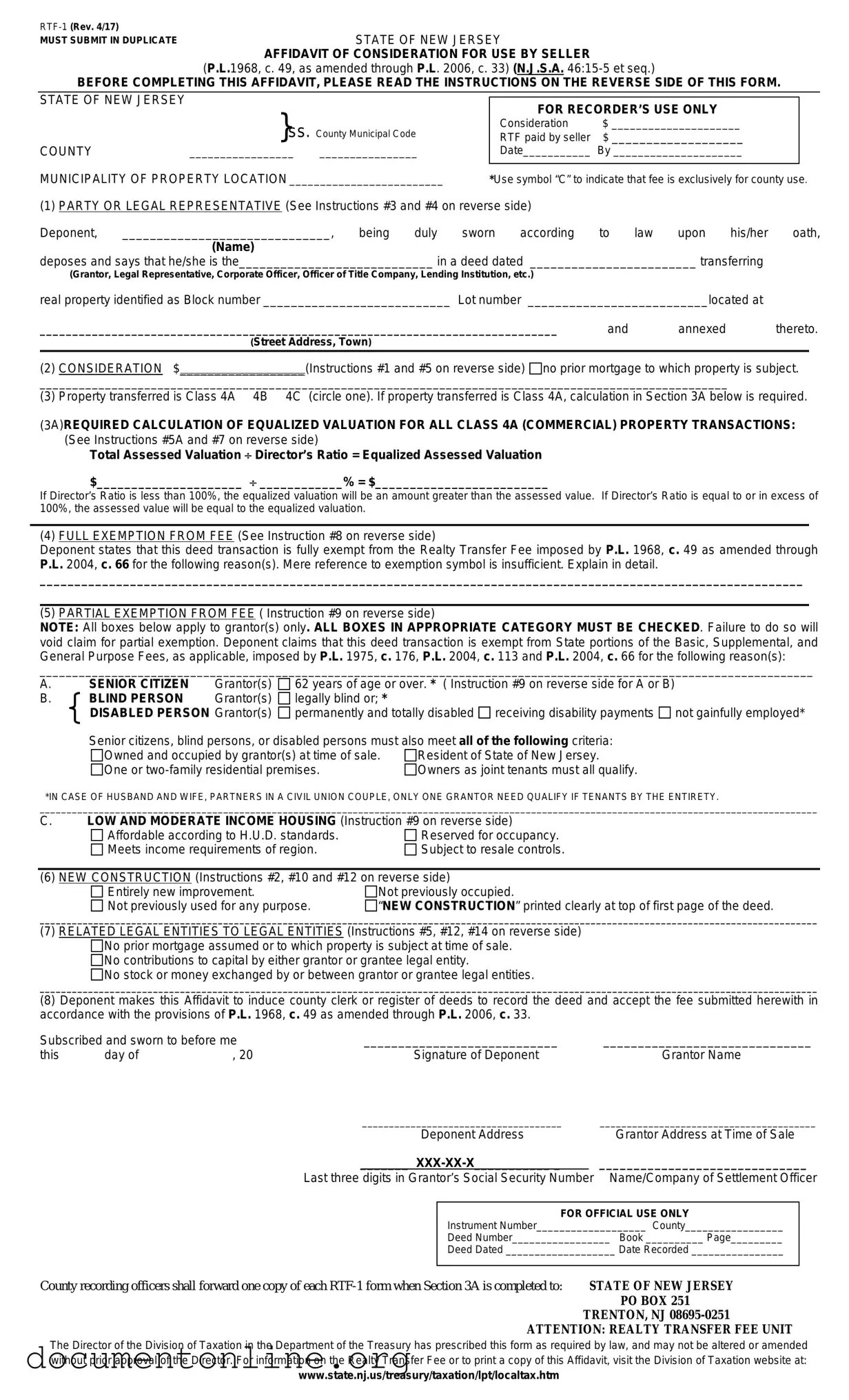 Free New Jersey Affidavit of Consideration RTF-1 Template