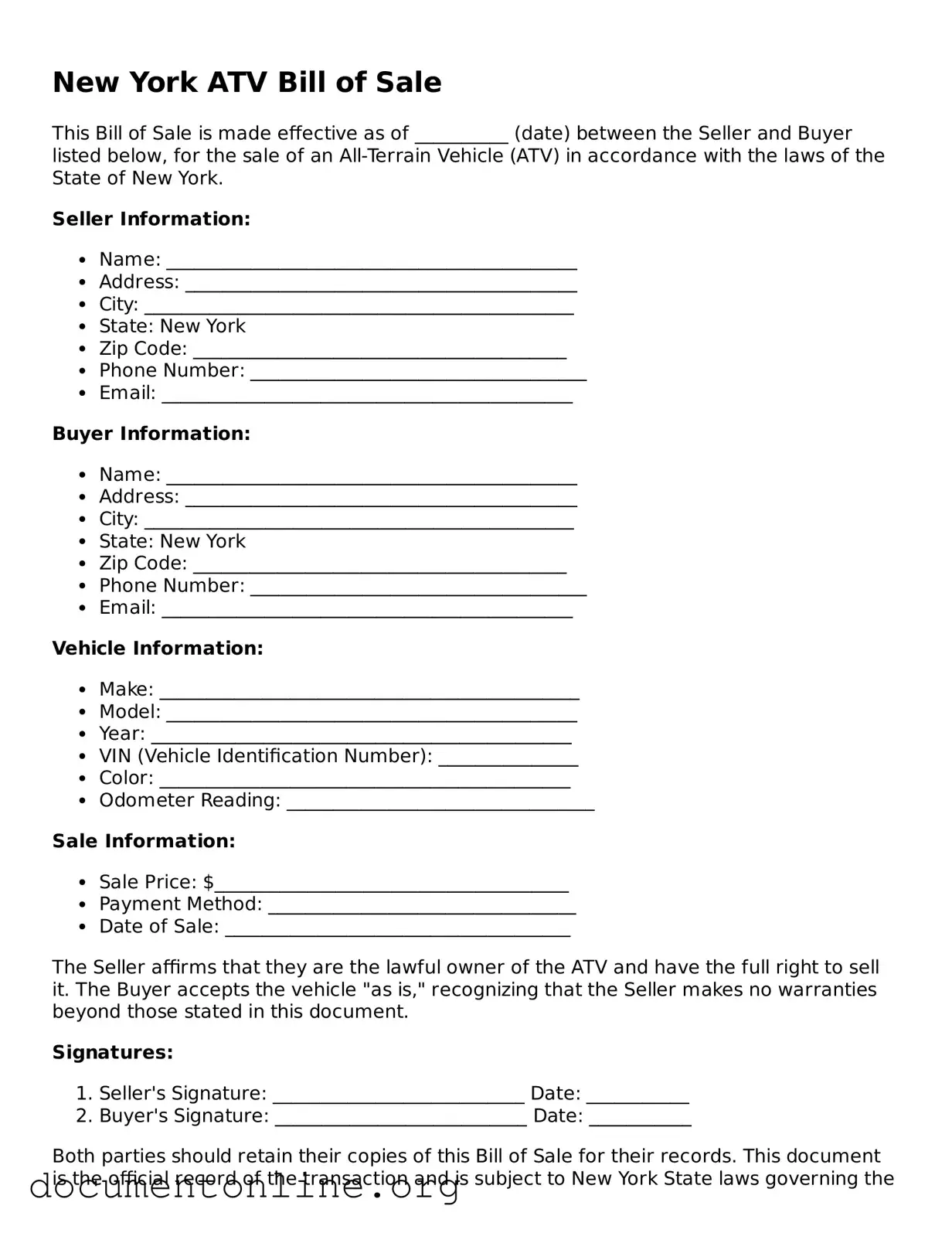 Free ATV Bill of Sale Form for New York State