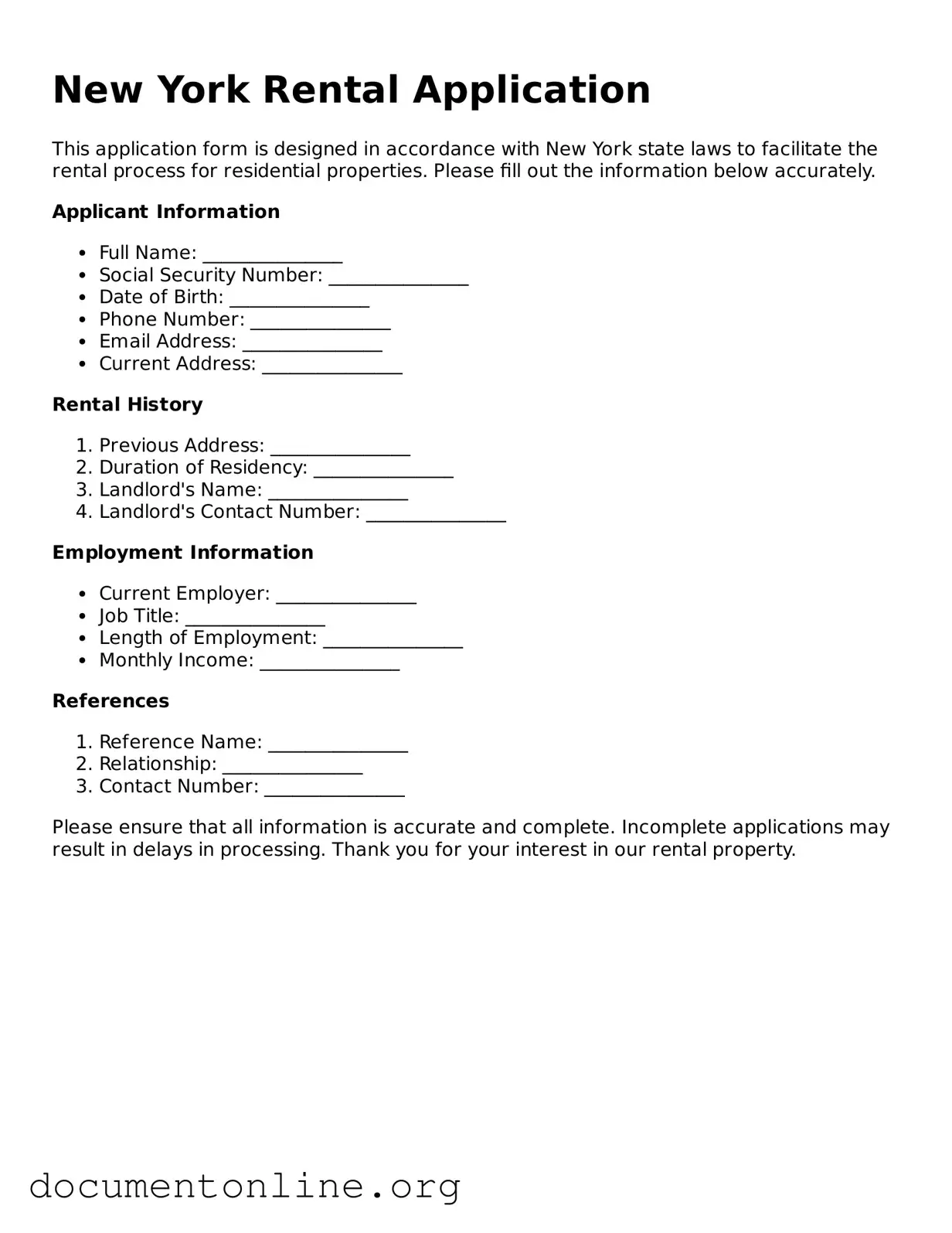 Free Rental Application Form for New York State