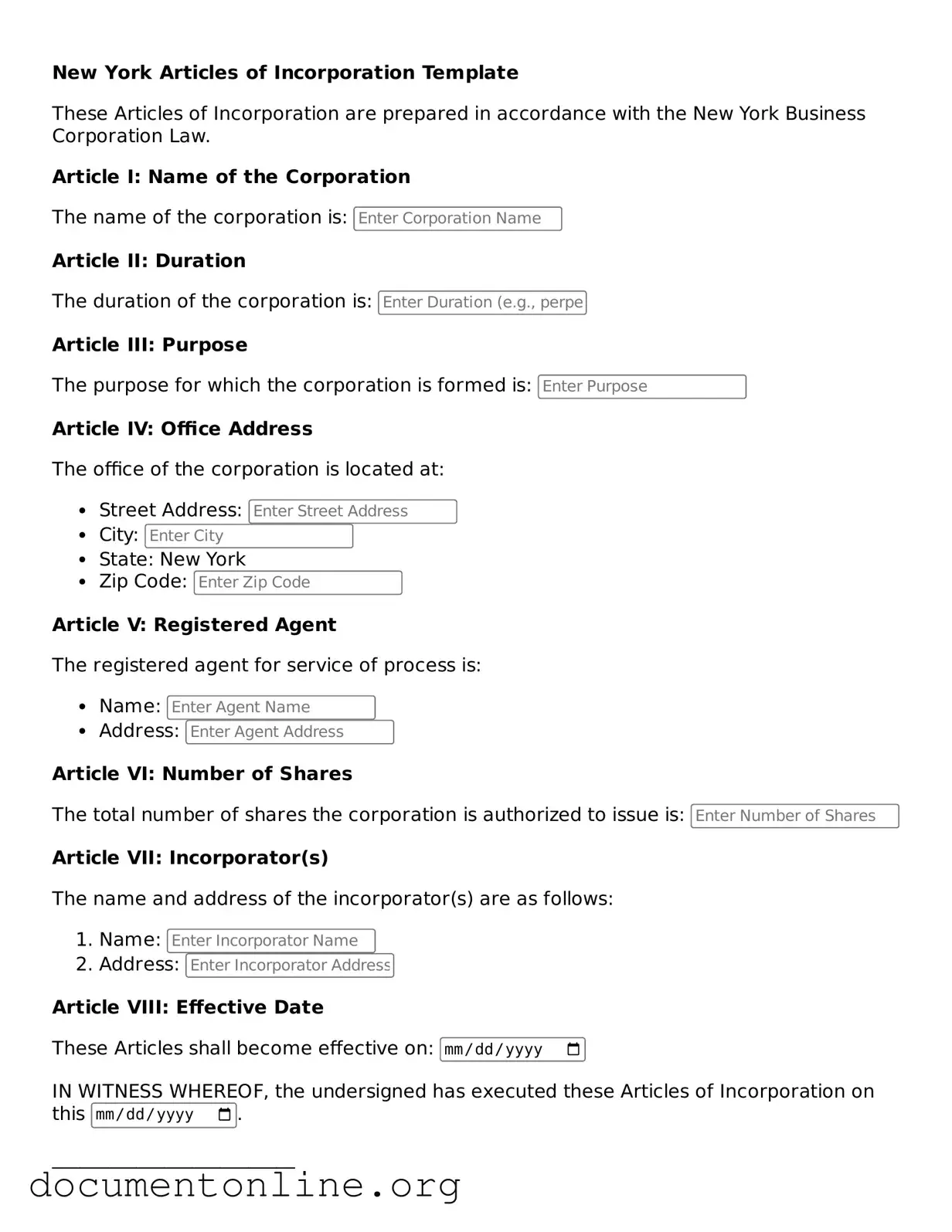 Free Articles of Incorporation Form for New York State