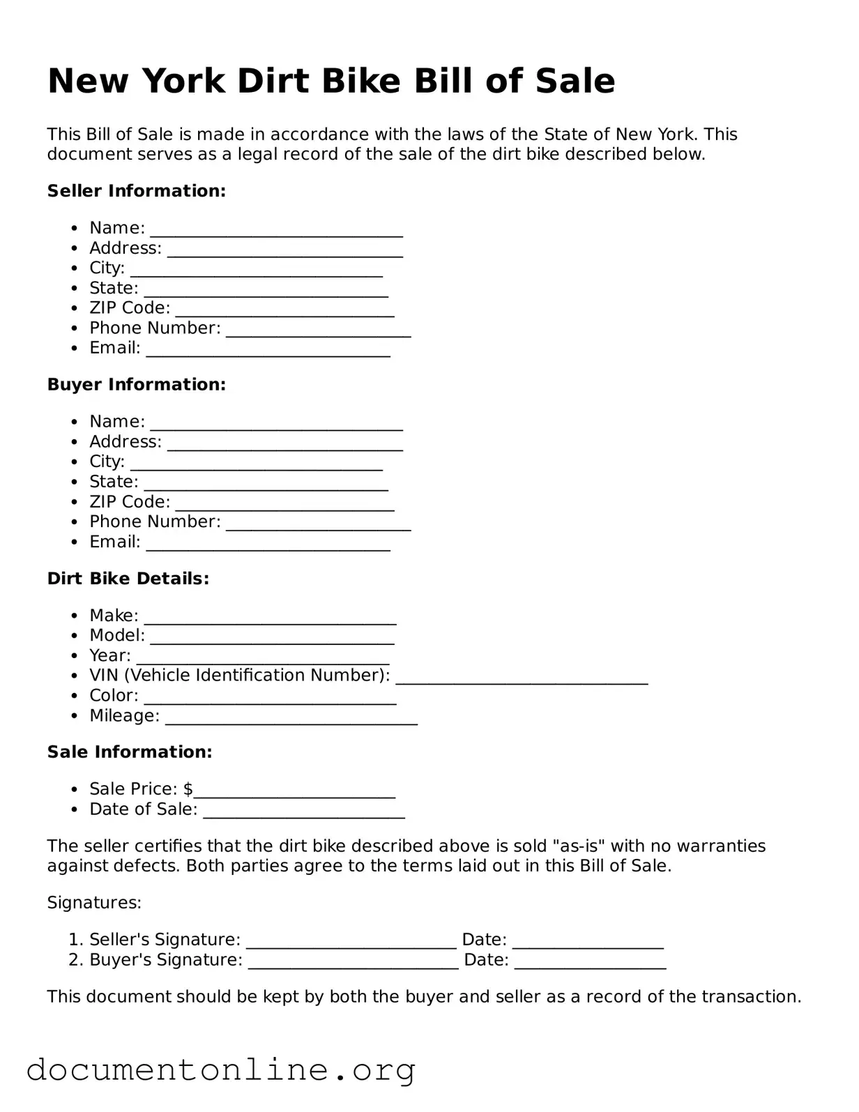 Free Dirt Bike Bill of Sale Form for New York State