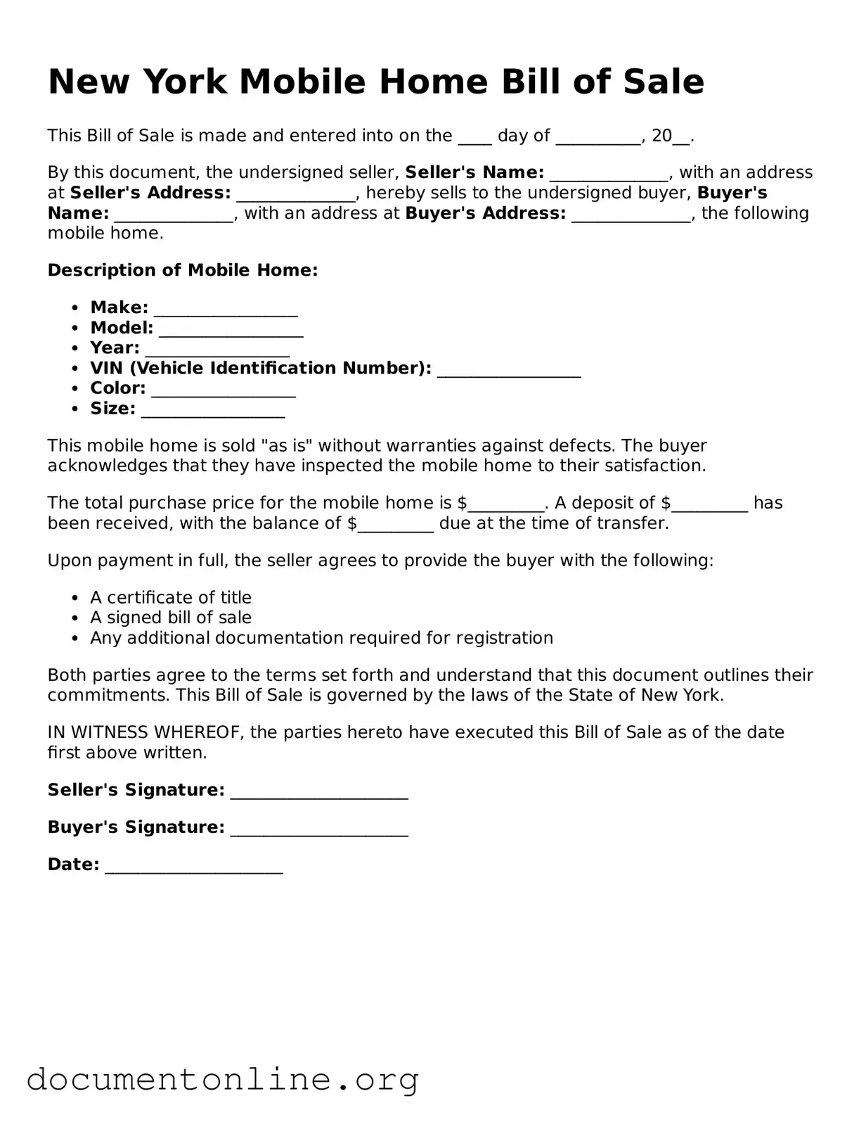 Free Mobile Home Bill of Sale Form for New York State