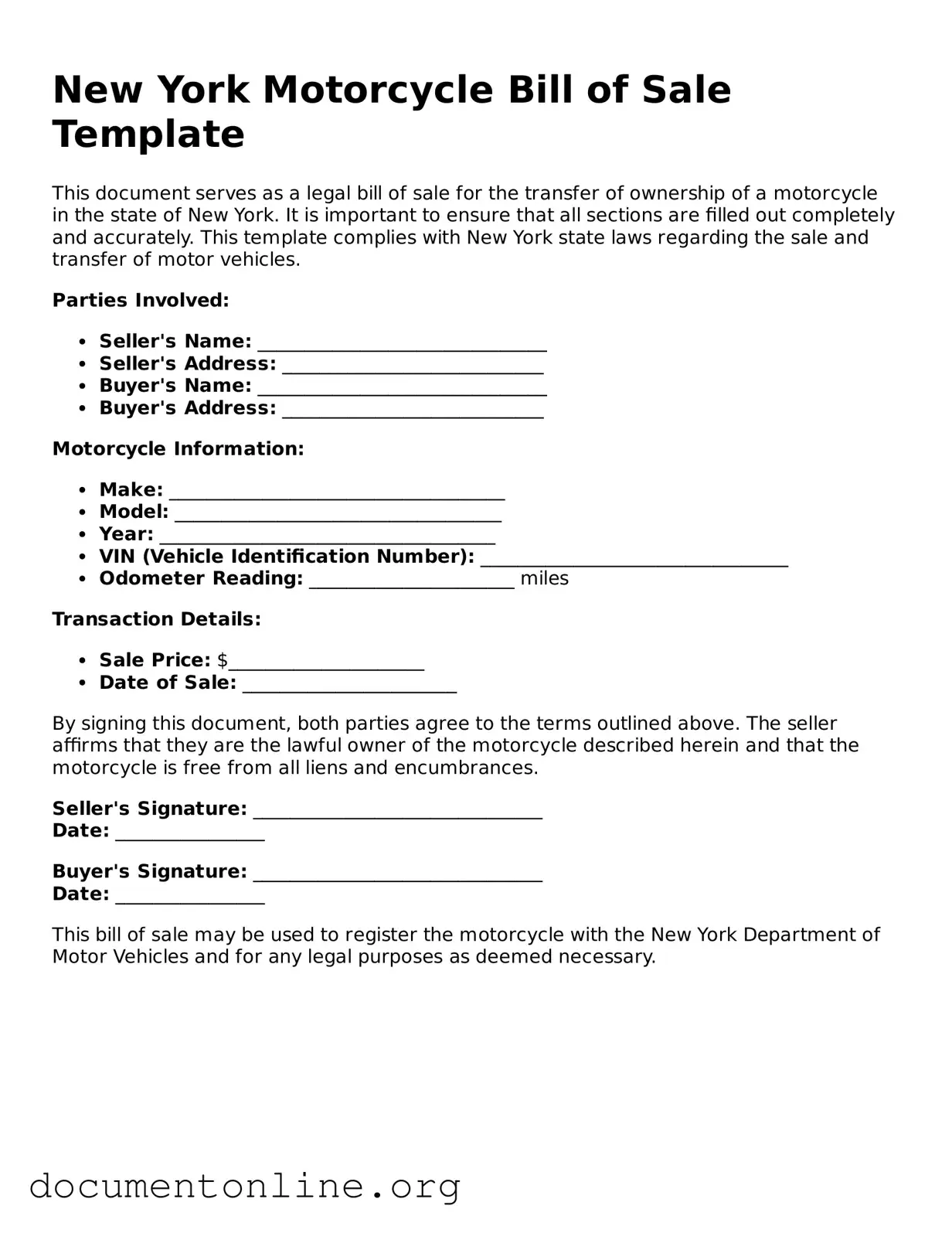 Free Motorcycle Bill of Sale Form for New York State