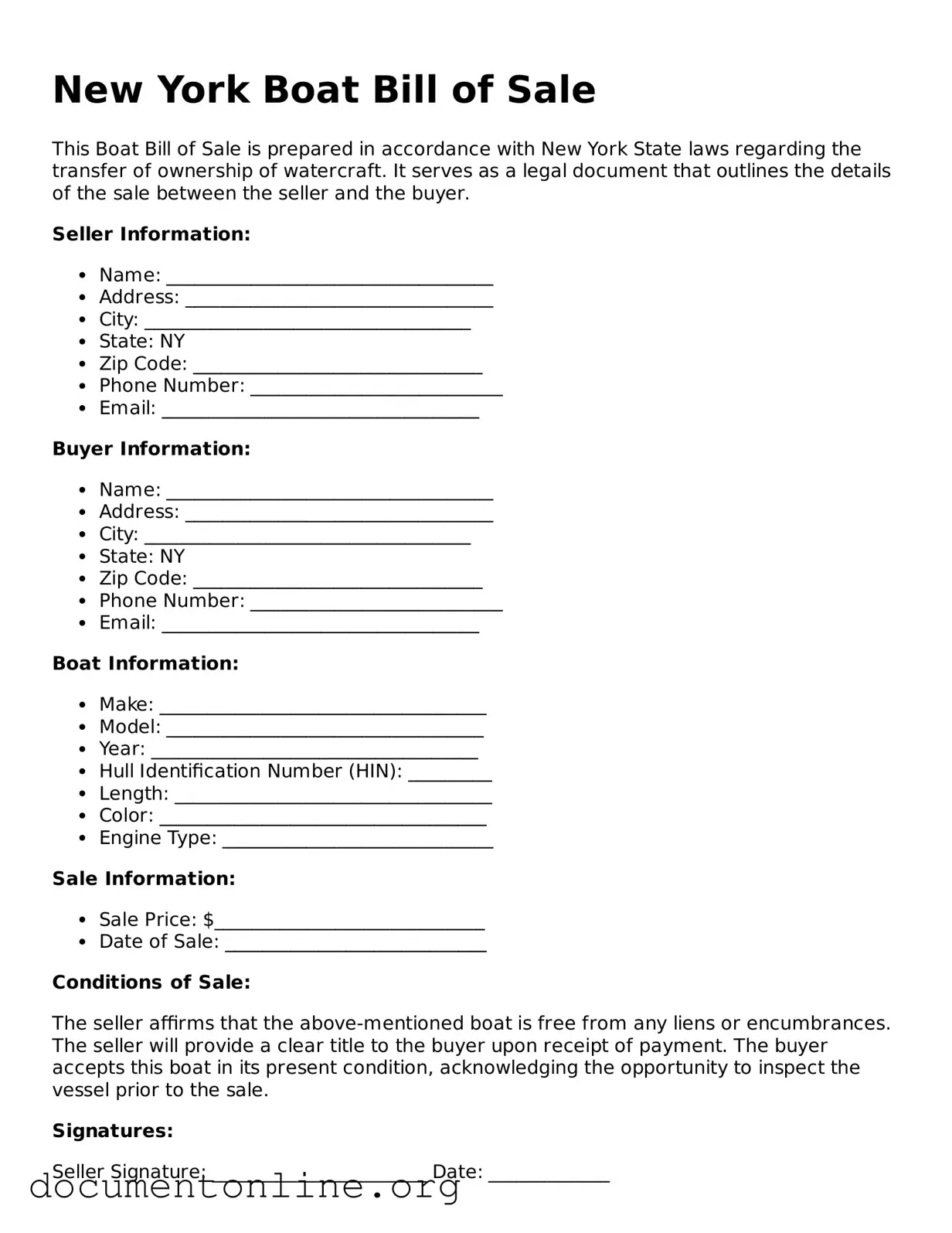 Free Boat Bill of Sale Form for New York State
