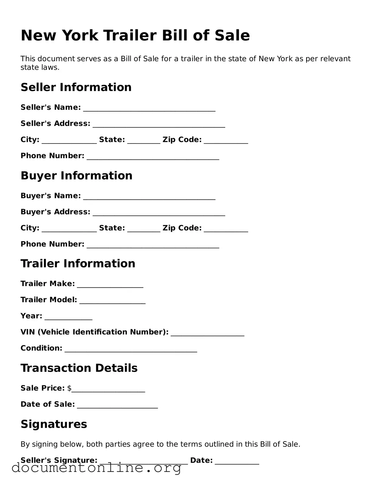Free Trailer Bill of Sale Form for New York State