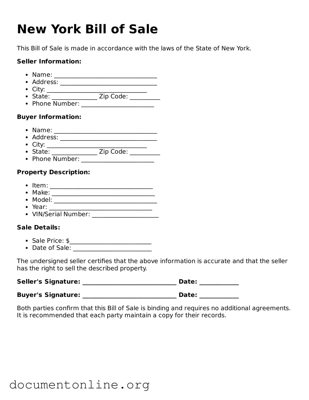 Free Bill of Sale Form for New York State