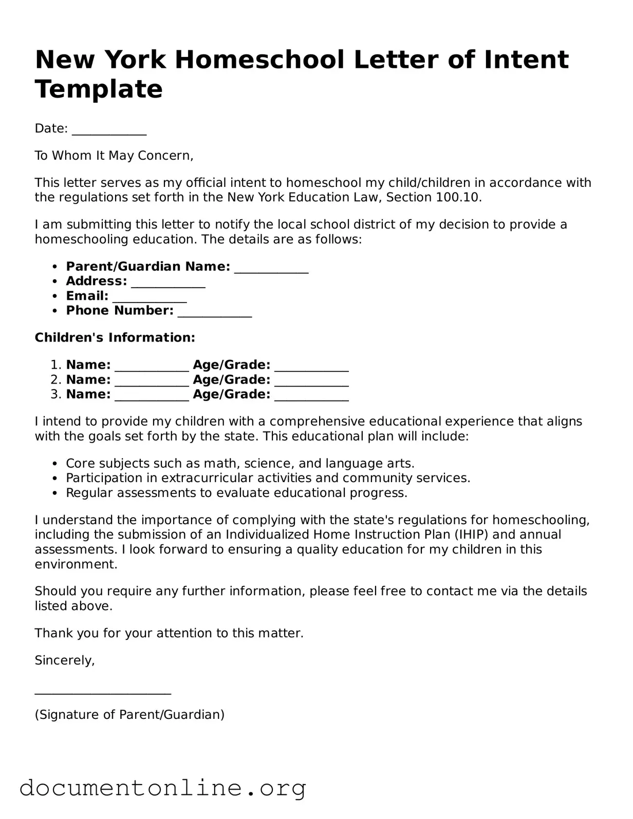 Free Homeschool Letter of Intent Form for New York State