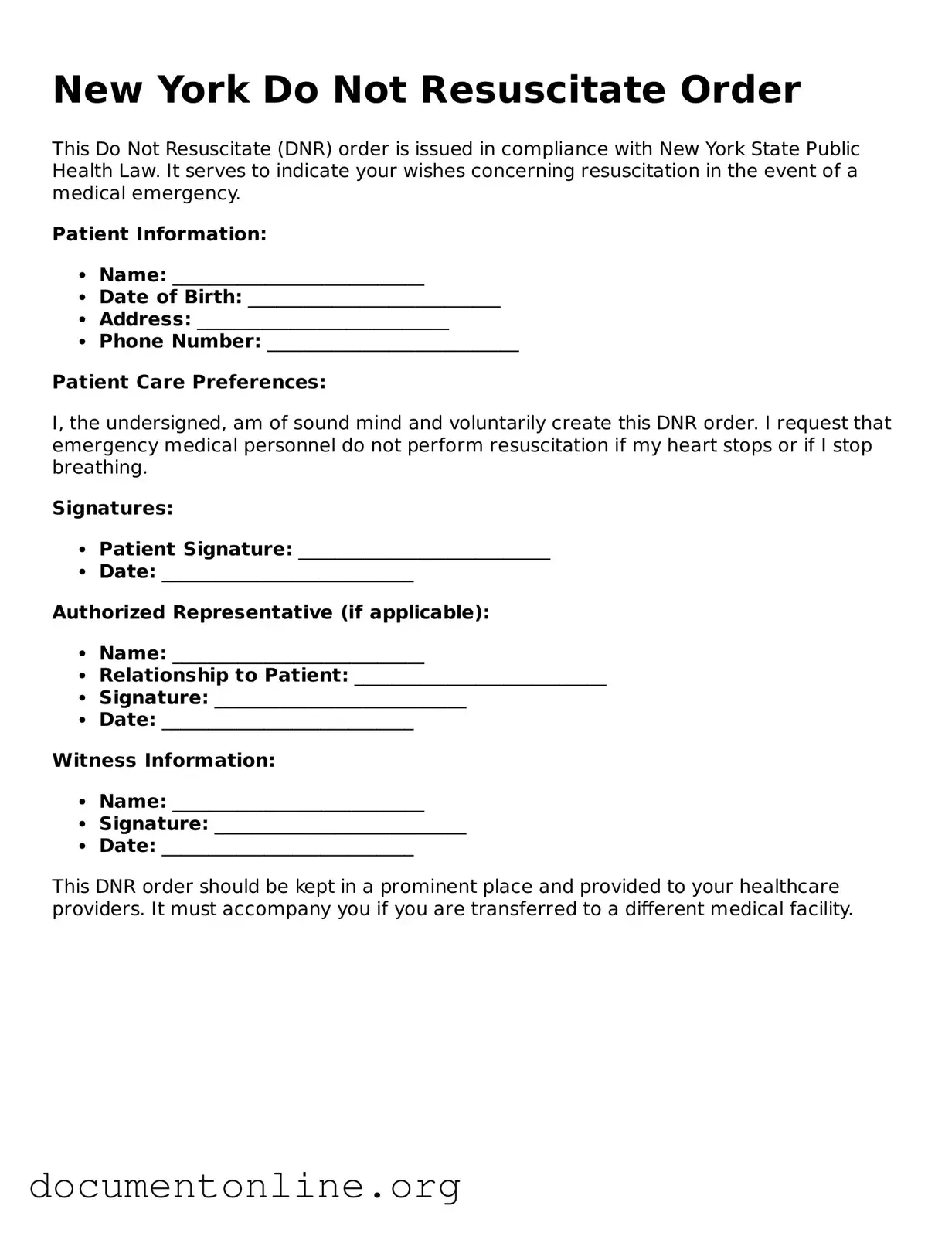 Free Do Not Resuscitate Order Form for New York State