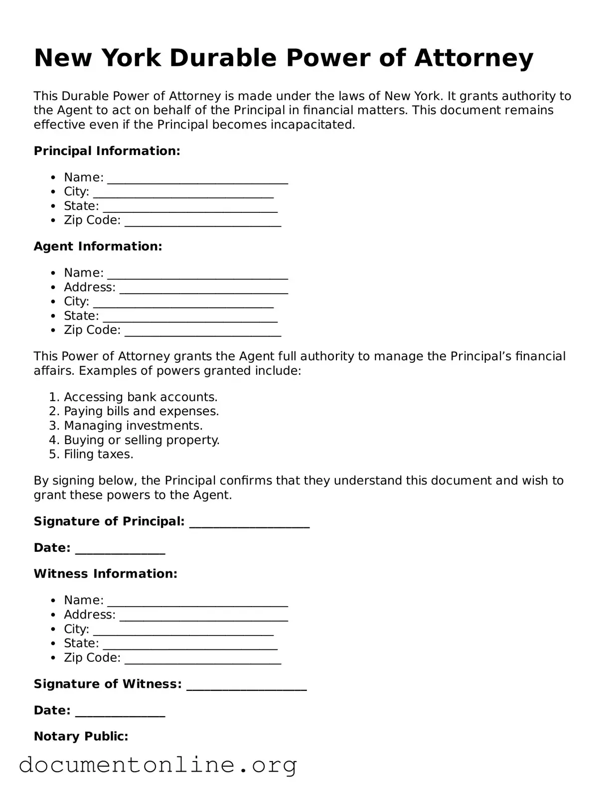 Free Durable Power of Attorney Form for New York State