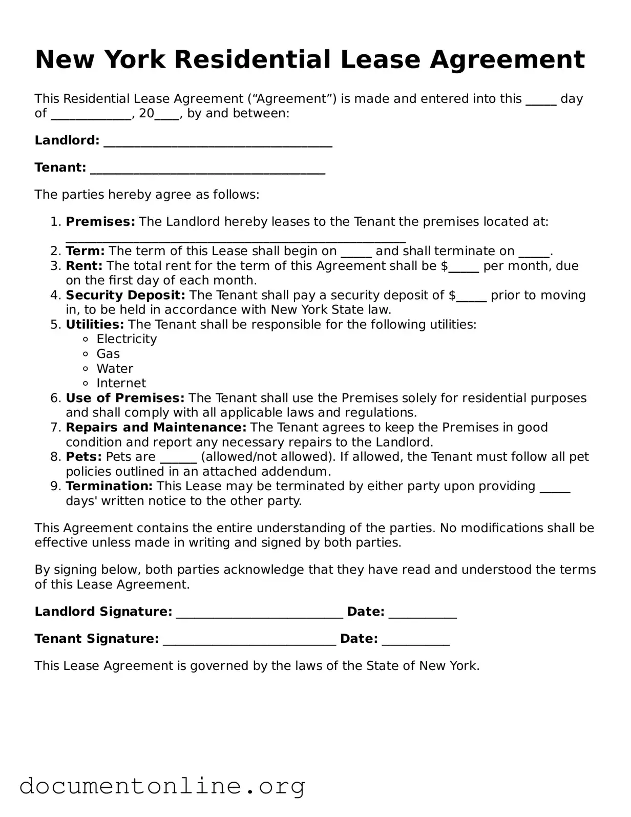 Free Residential Lease Agreement Form for New York State