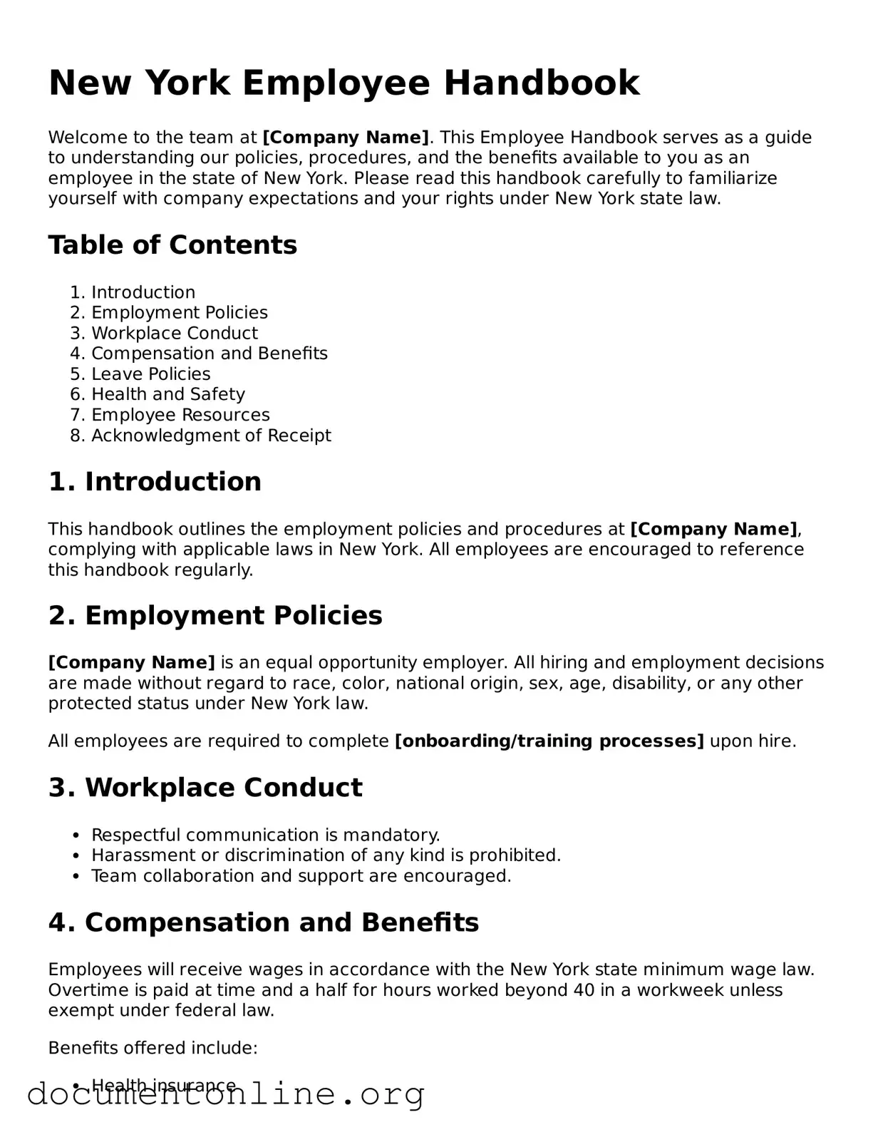 Free Employee Handbook Form for New York State