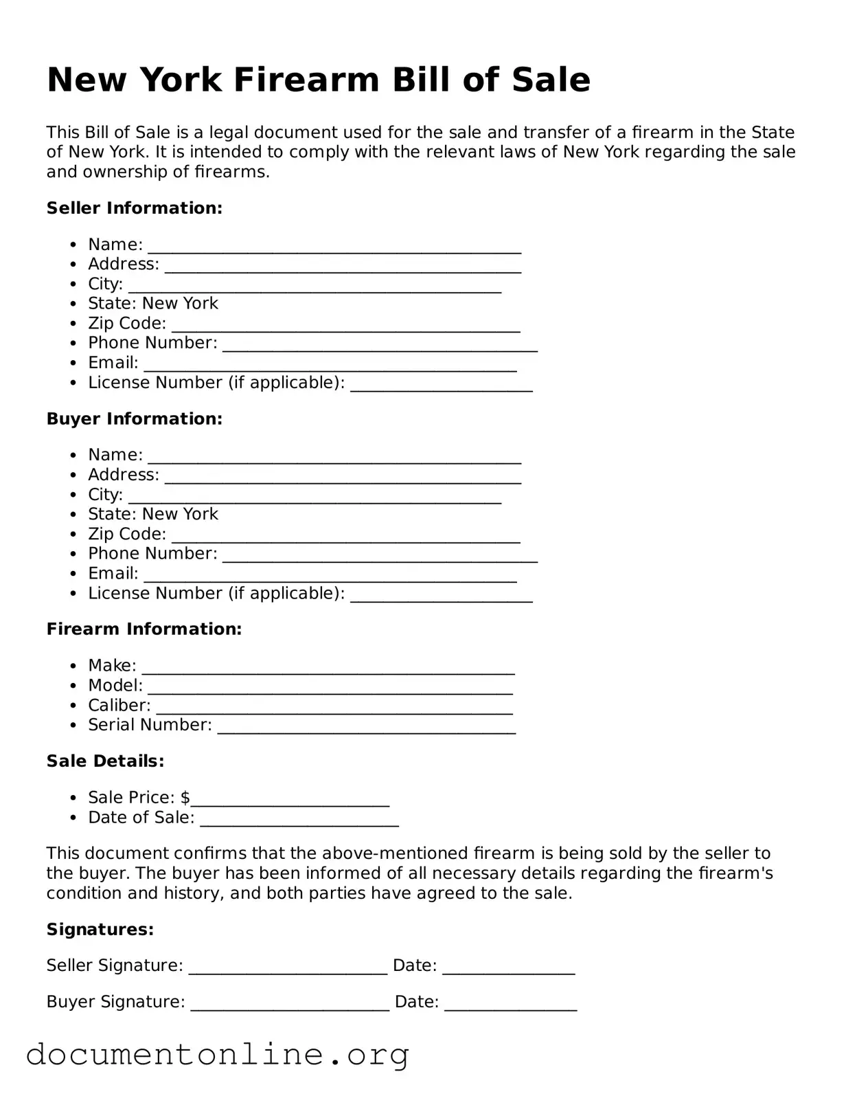 Free Firearm Bill of Sale Form for New York State