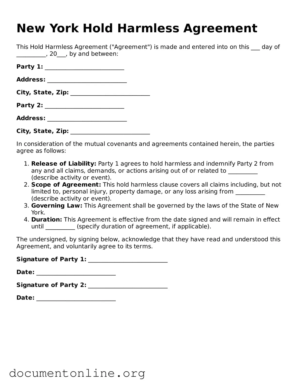 Free Hold Harmless Agreement Form for New York State
