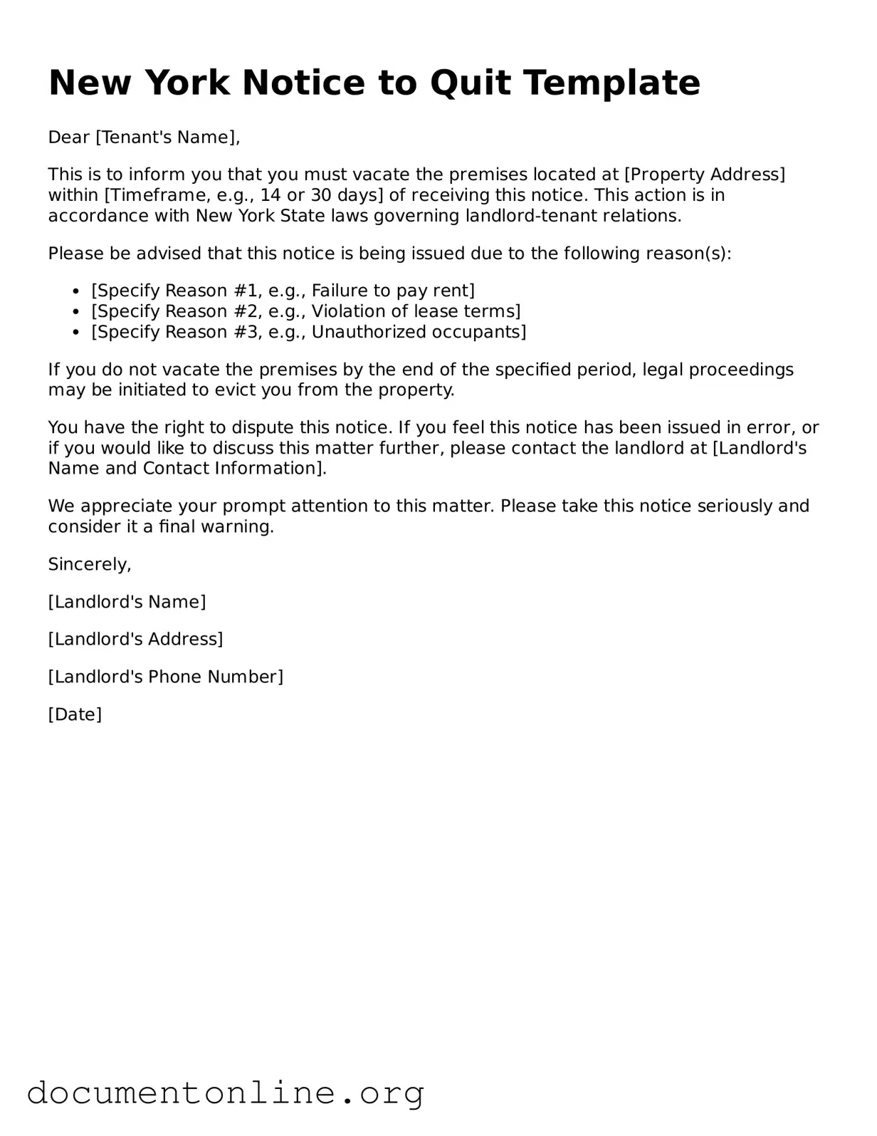 Free Notice to Quit Form for New York State