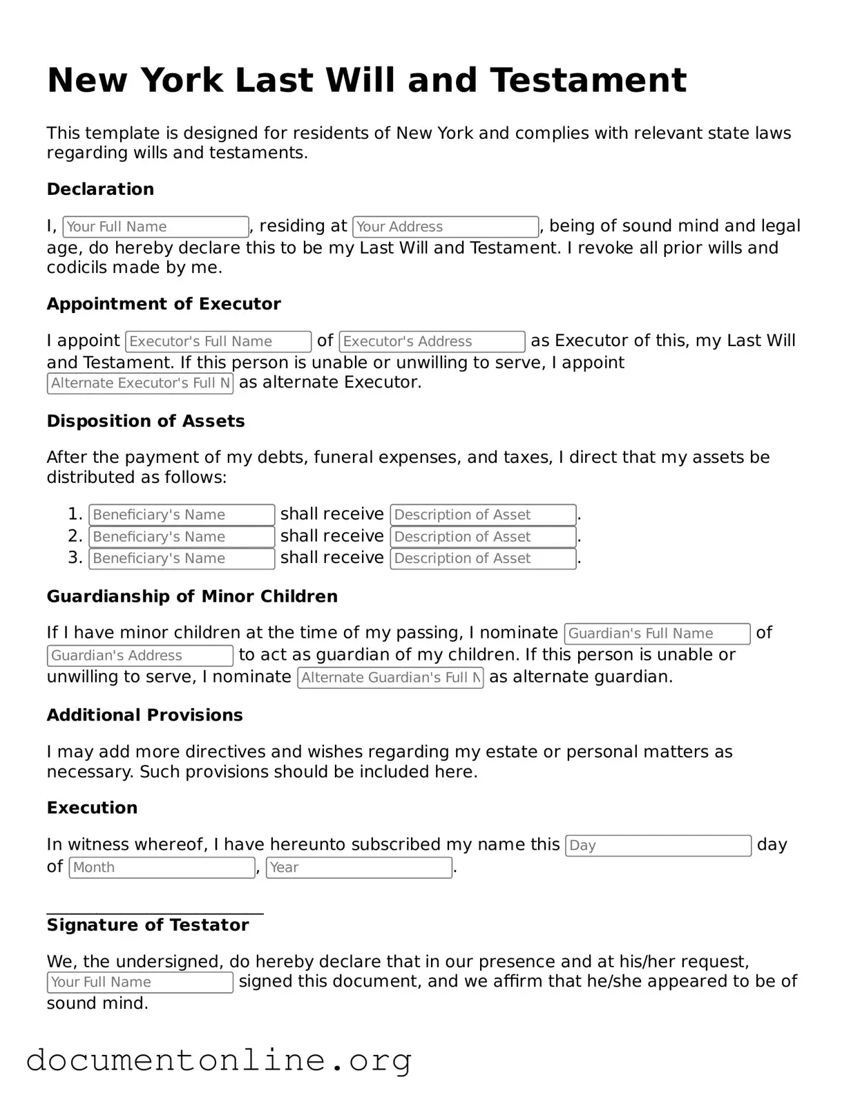 Free Last Will and Testament Form for New York State