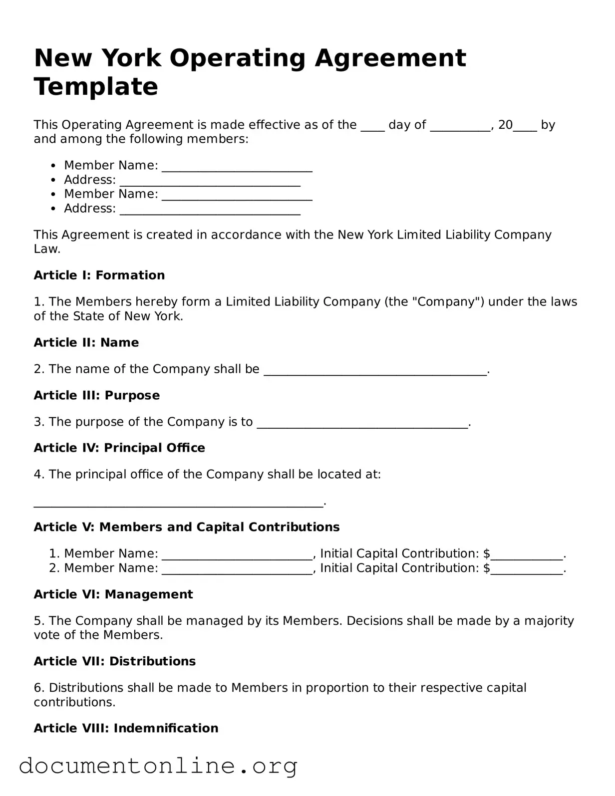 Free Operating Agreement Form for New York State