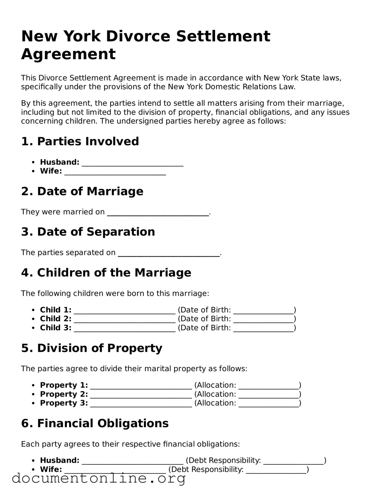Free Divorce Settlement Agreement Form for New York State