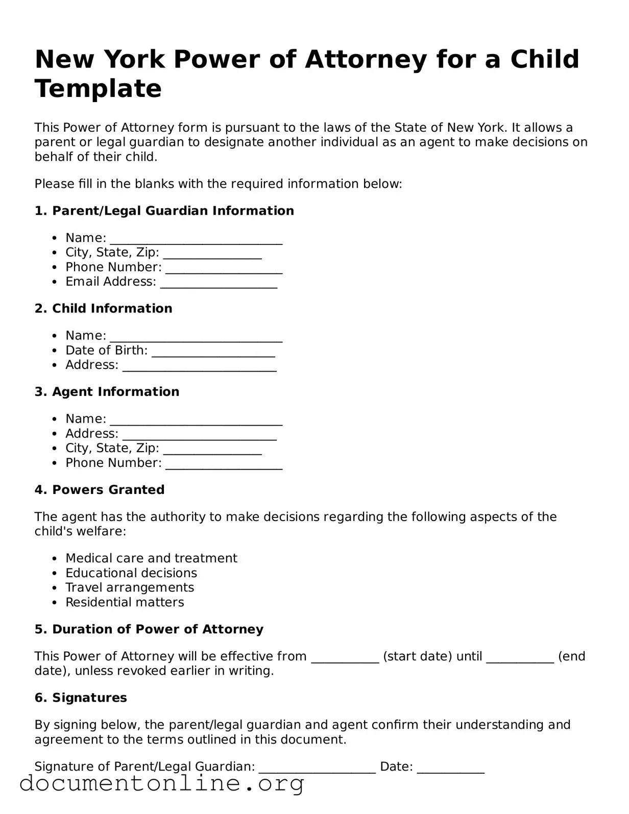 Free Power of Attorney for a Child Form for New York State