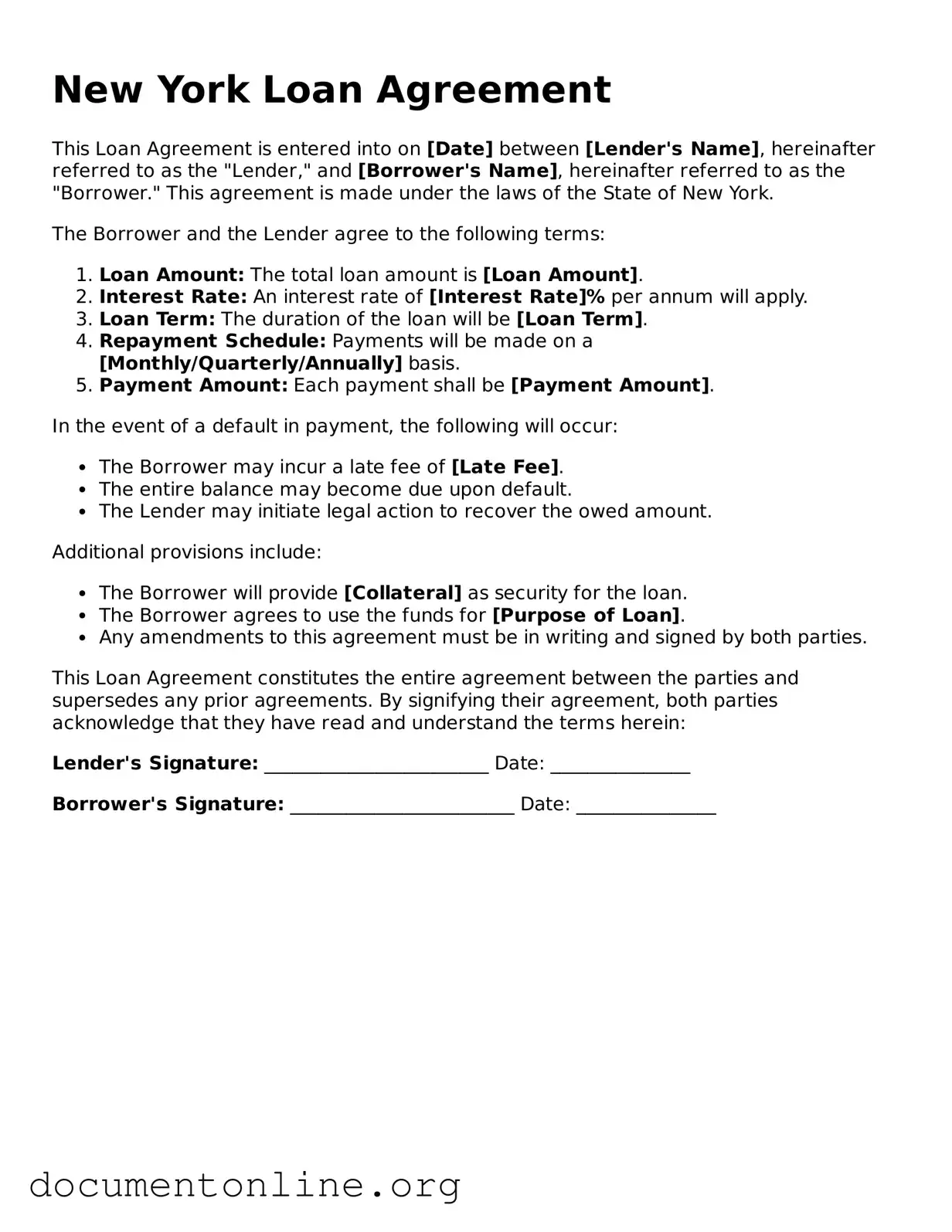Free Loan Agreement Form for New York State