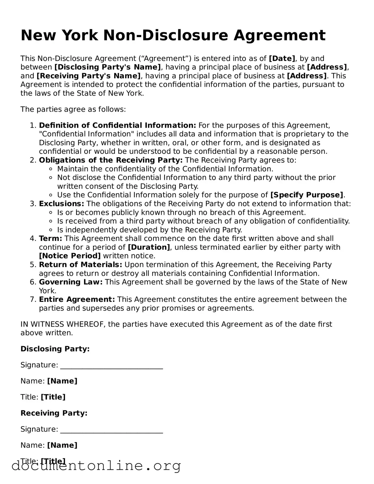 Free Non-disclosure Agreement Form for New York State