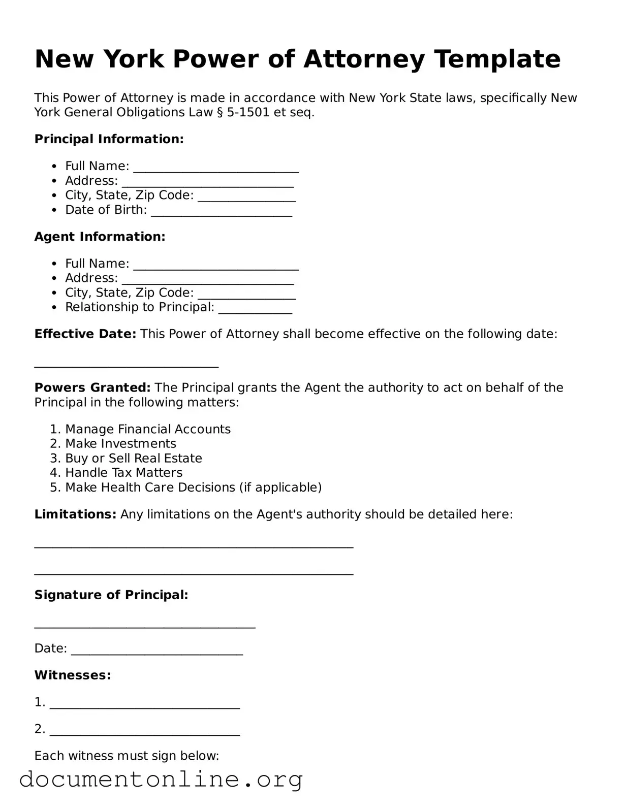 Free Power of Attorney Form for New York State
