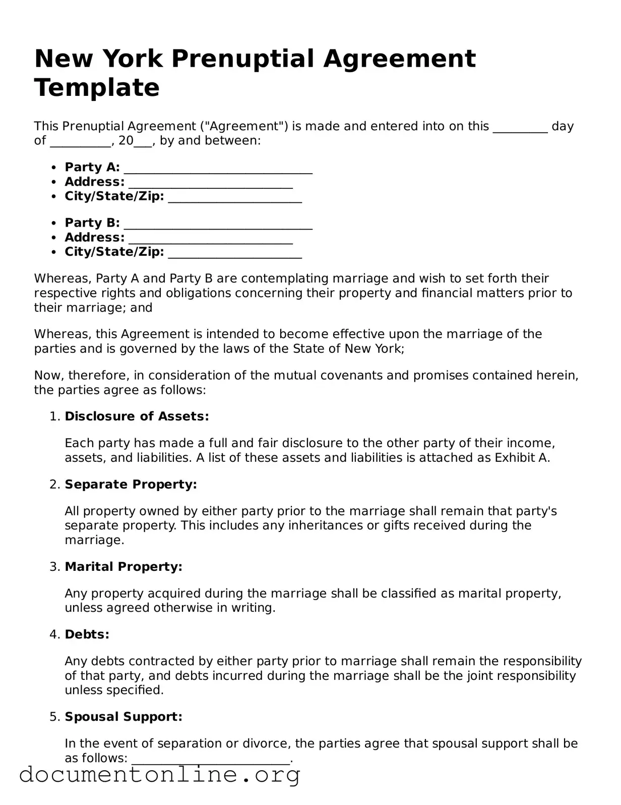 Free Prenuptial Agreement Form for New York State