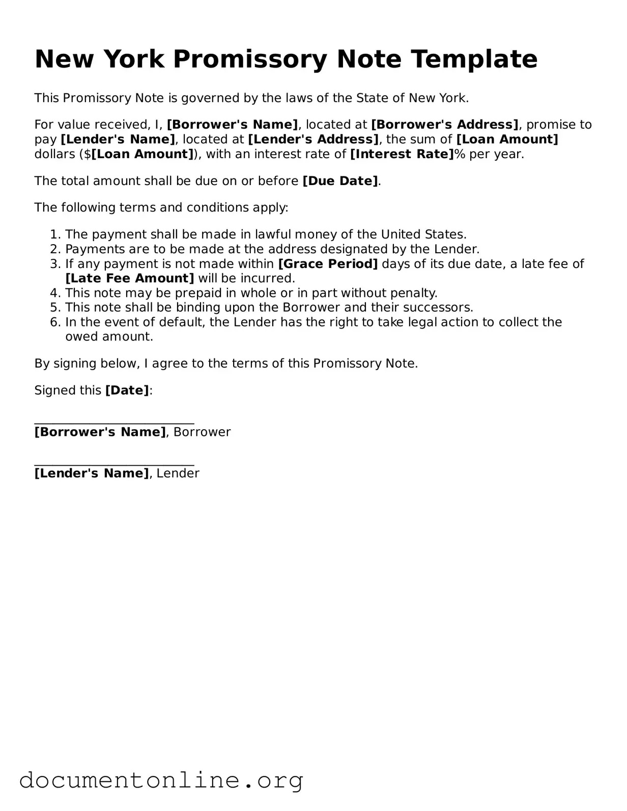 Free Promissory Note Form for New York State