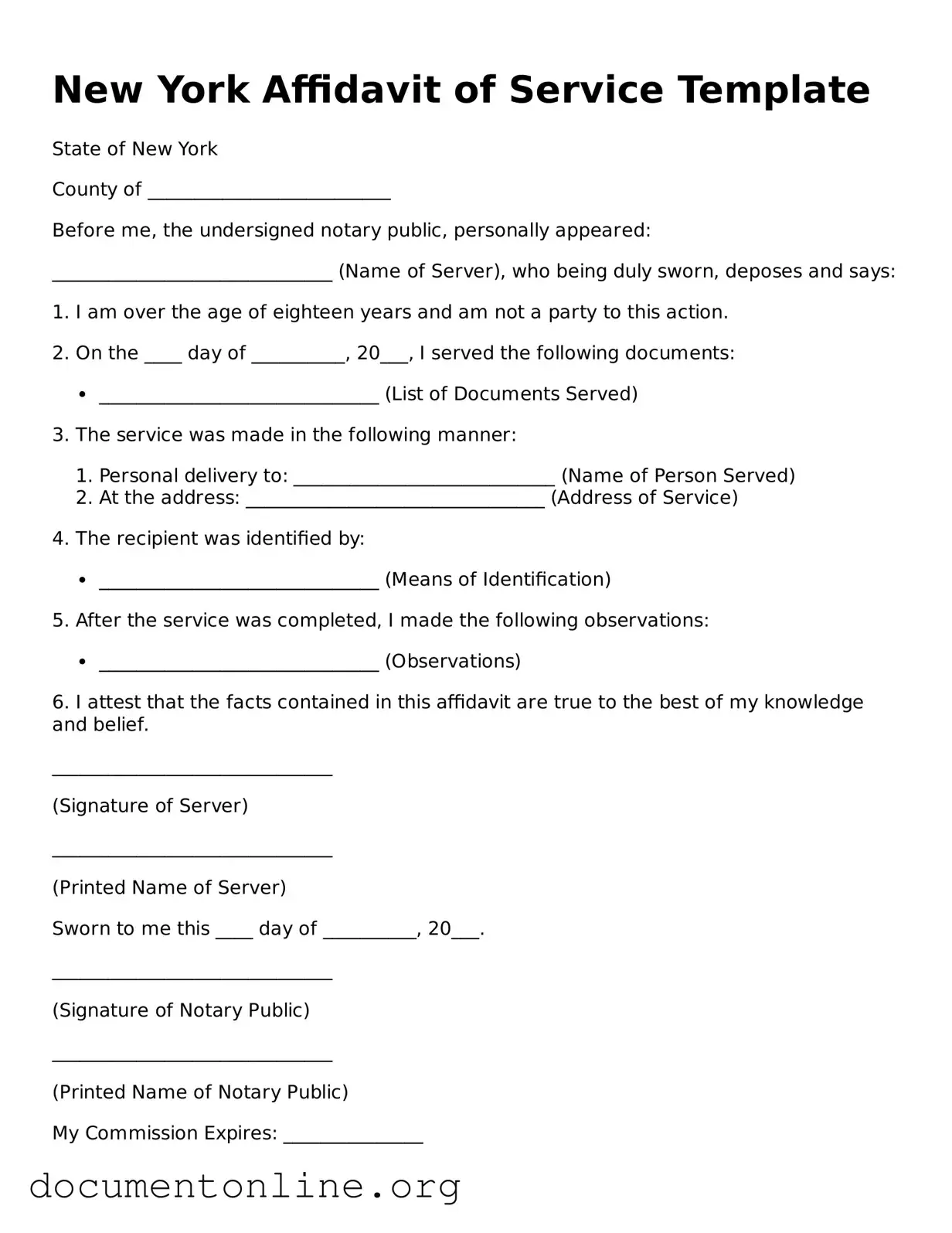 Free Affidavit of Service Form for New York State