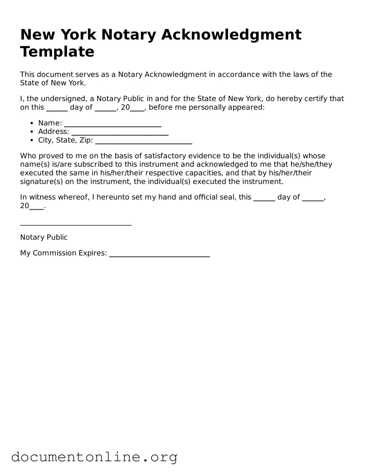 Free Notary Acknowledgement Form for New York State