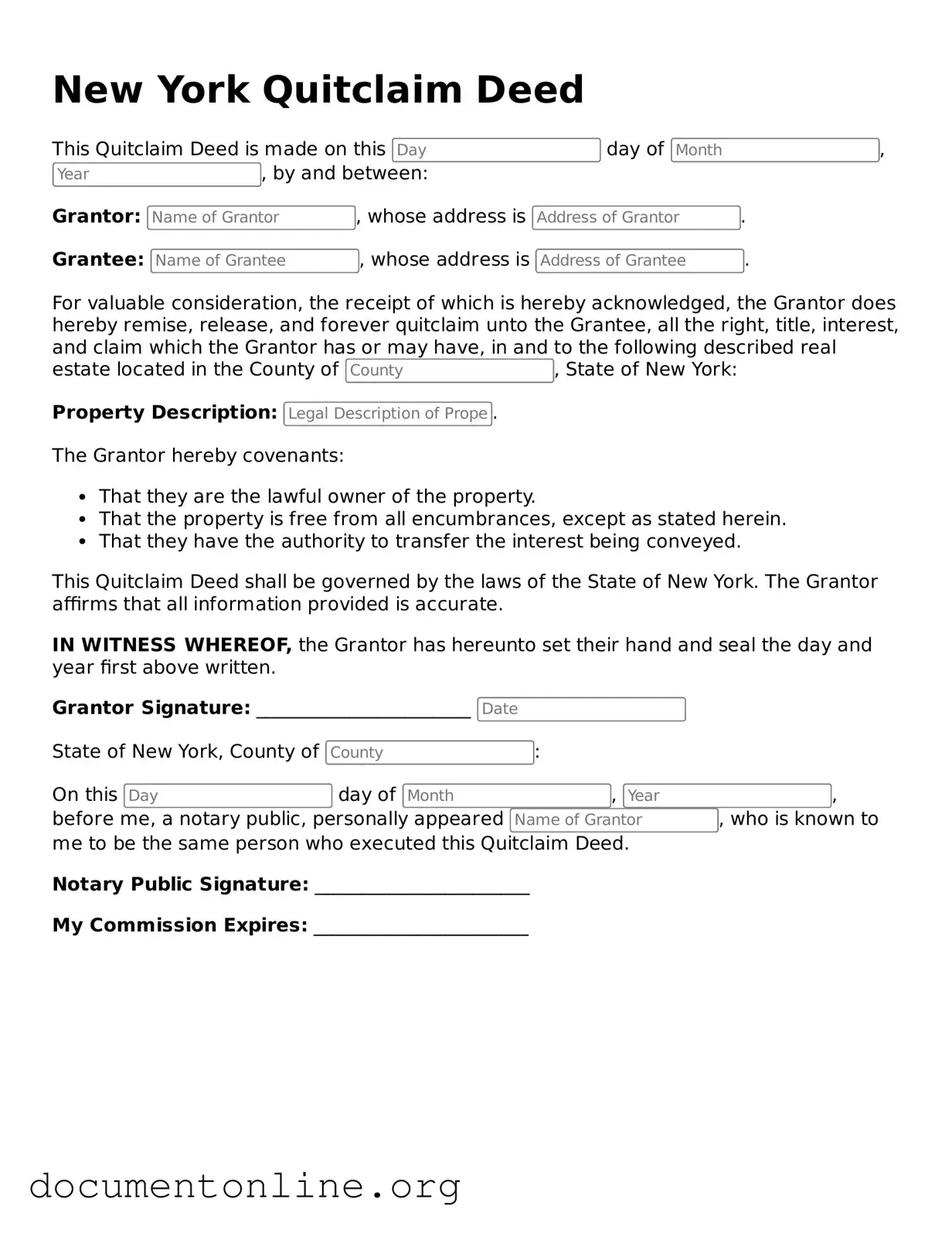 Free Quitclaim Deed Form for New York State