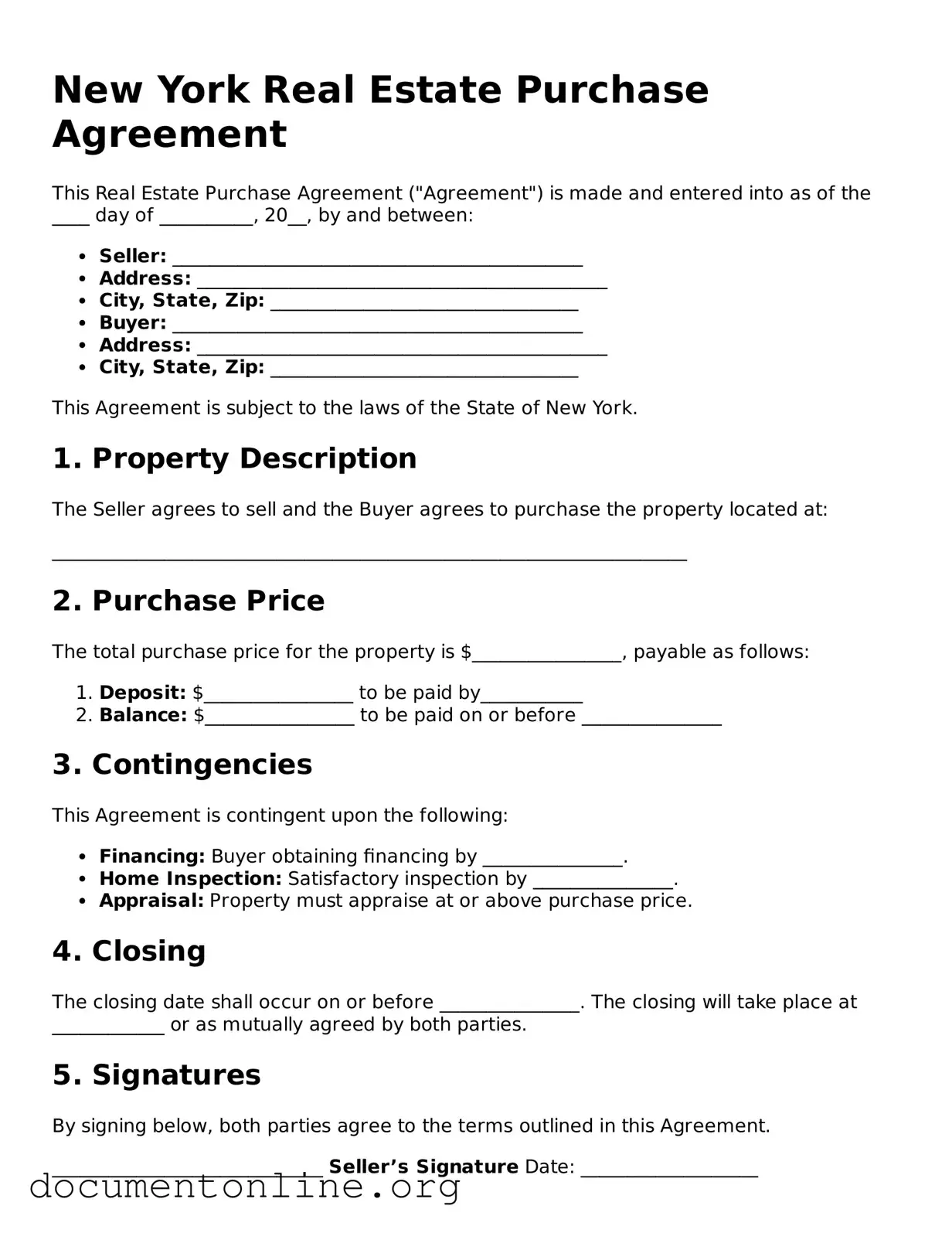 Free Real Estate Purchase Agreement Form for New York State