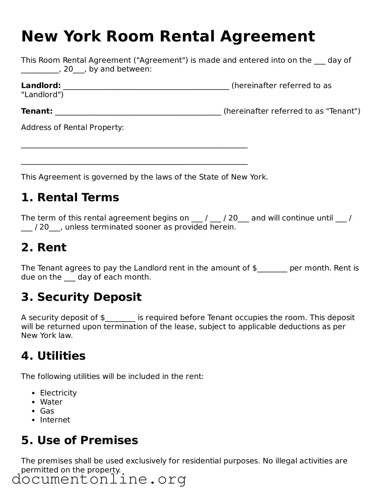 Free Room Rental Agreement Form for New York State