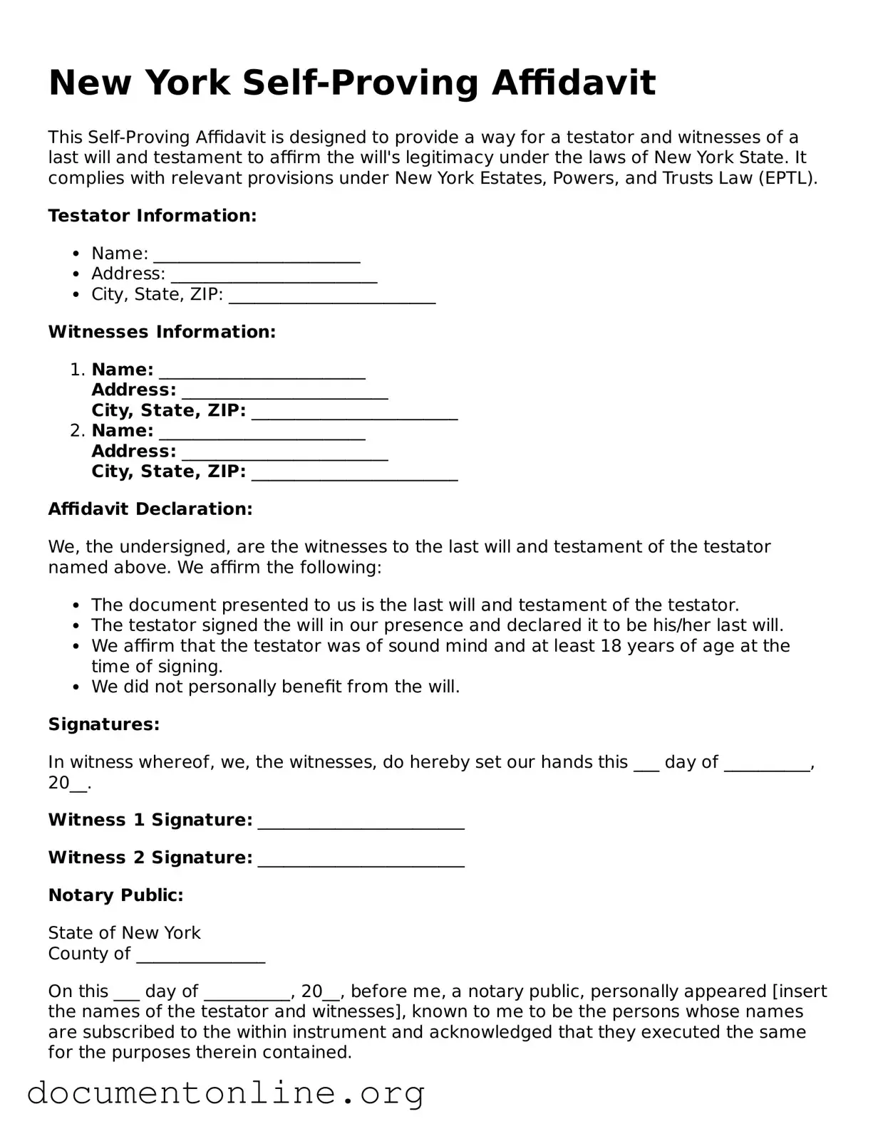 Free Self-Proving Affidavit Form for New York State