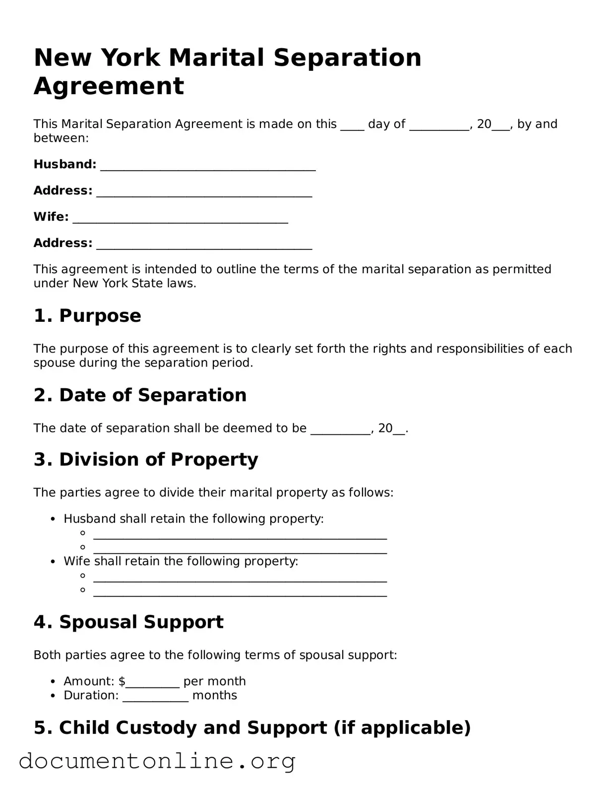Free Marital Separation Agreement Form for New York State