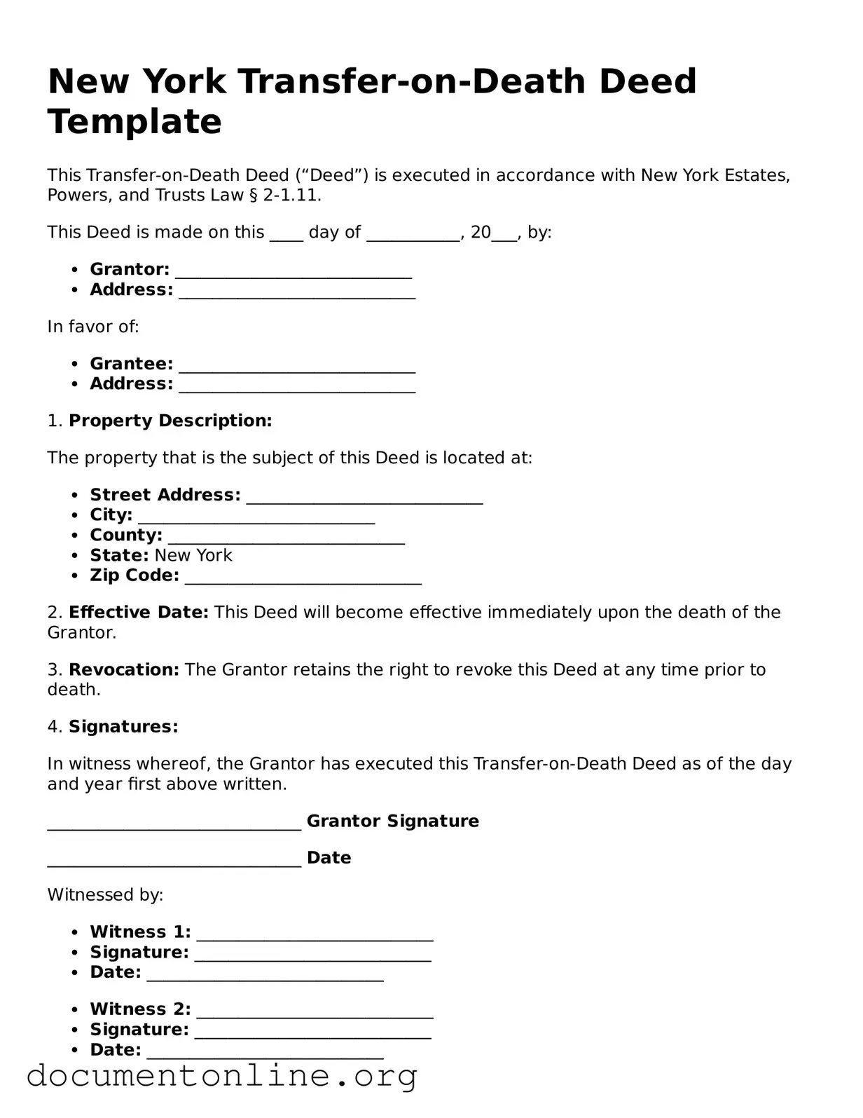 Free Transfer-on-Death Deed Form for New York State