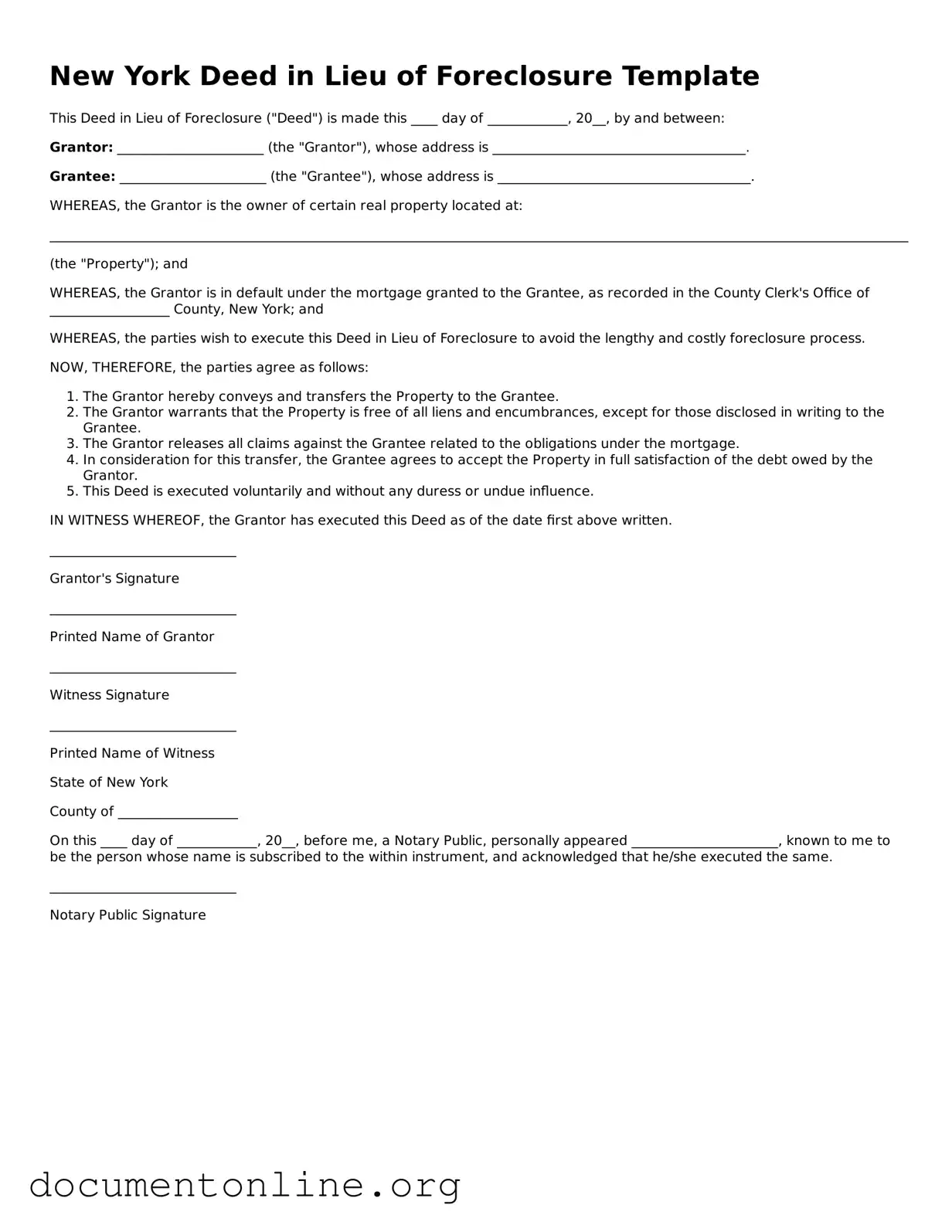 Free Deed in Lieu of Foreclosure Form for New York State