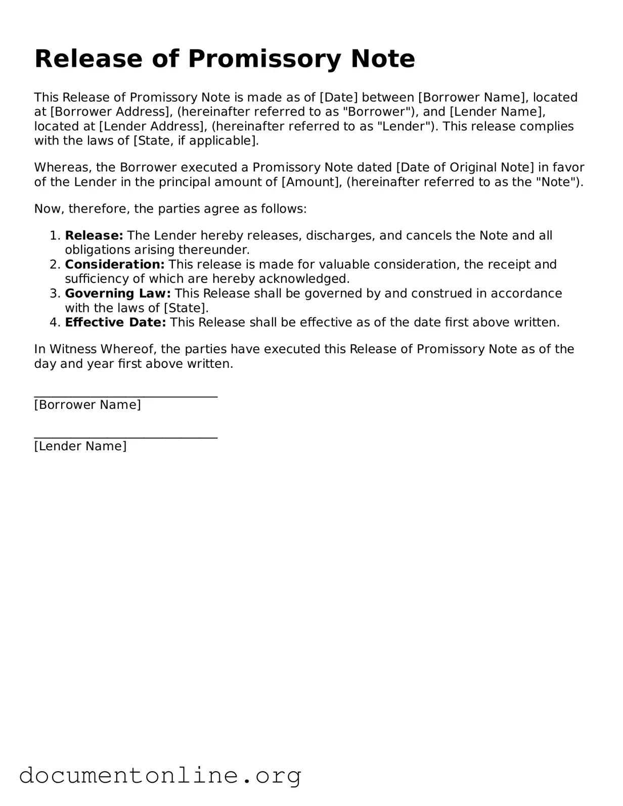 Free Release of Promissory Note Form