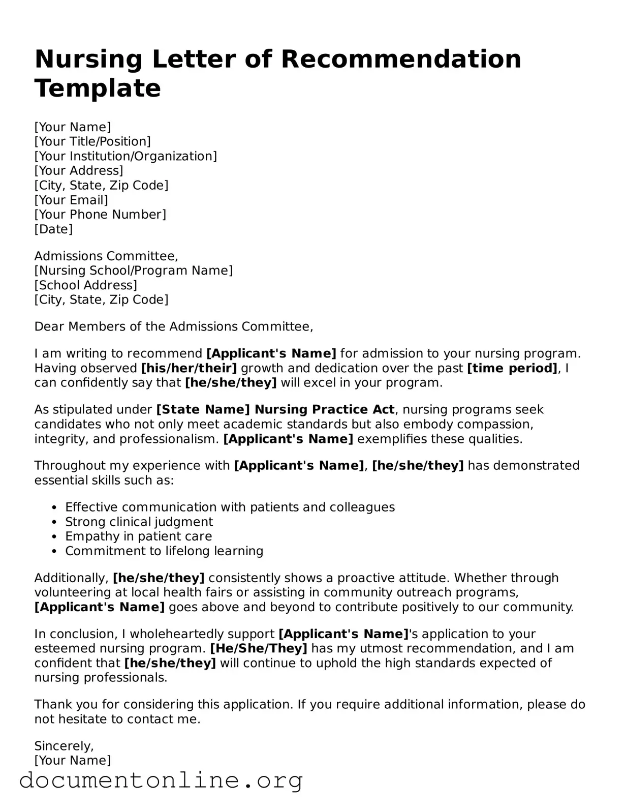 Free Nursing Letter of Recommendation Form