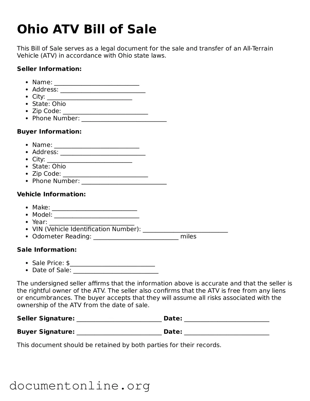 Free ATV Bill of Sale Form for Ohio State