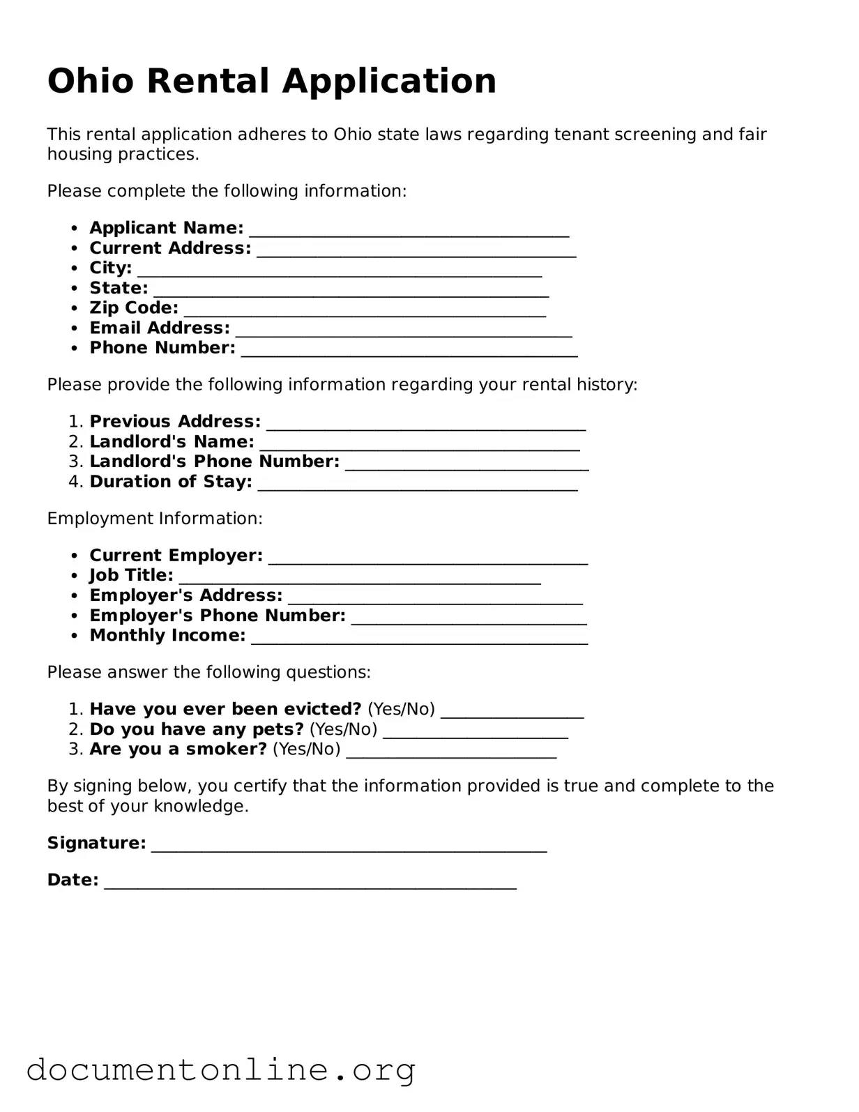 Free Rental Application Form for Ohio State
