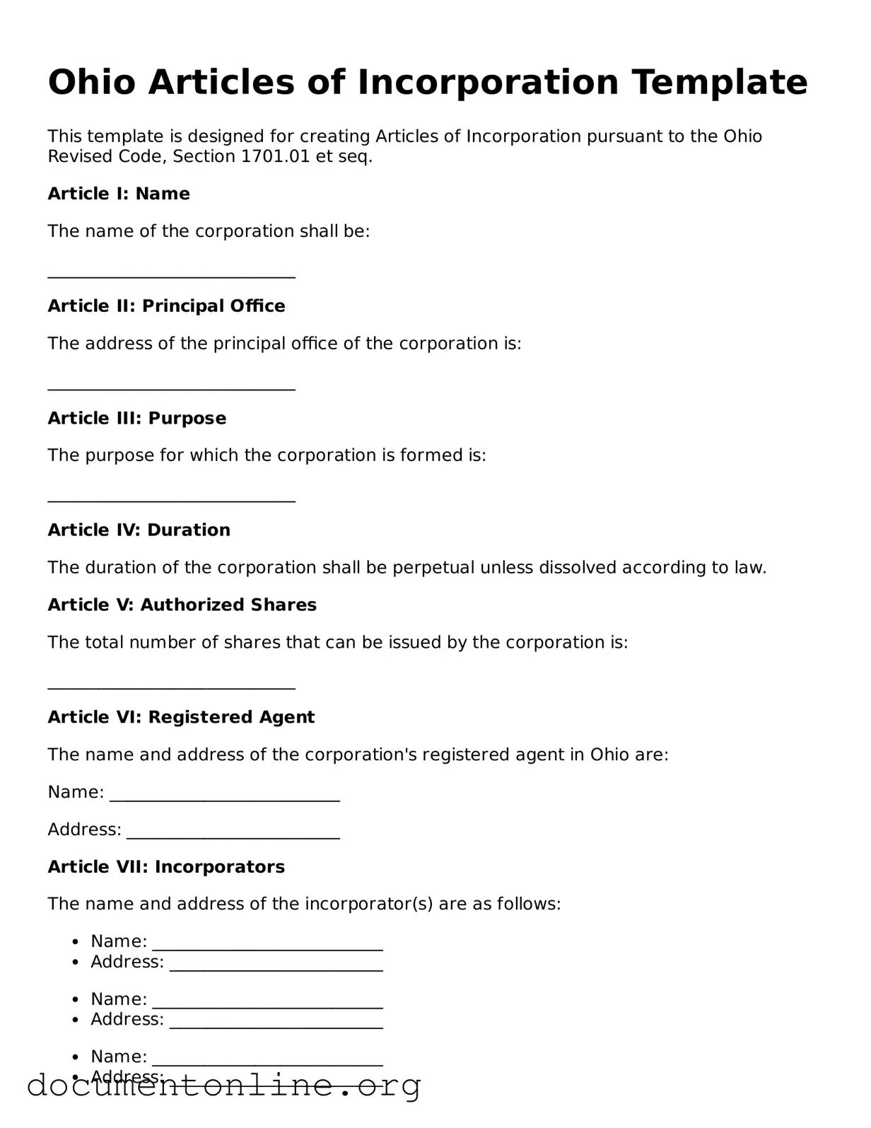 Free Articles of Incorporation Form for Ohio State