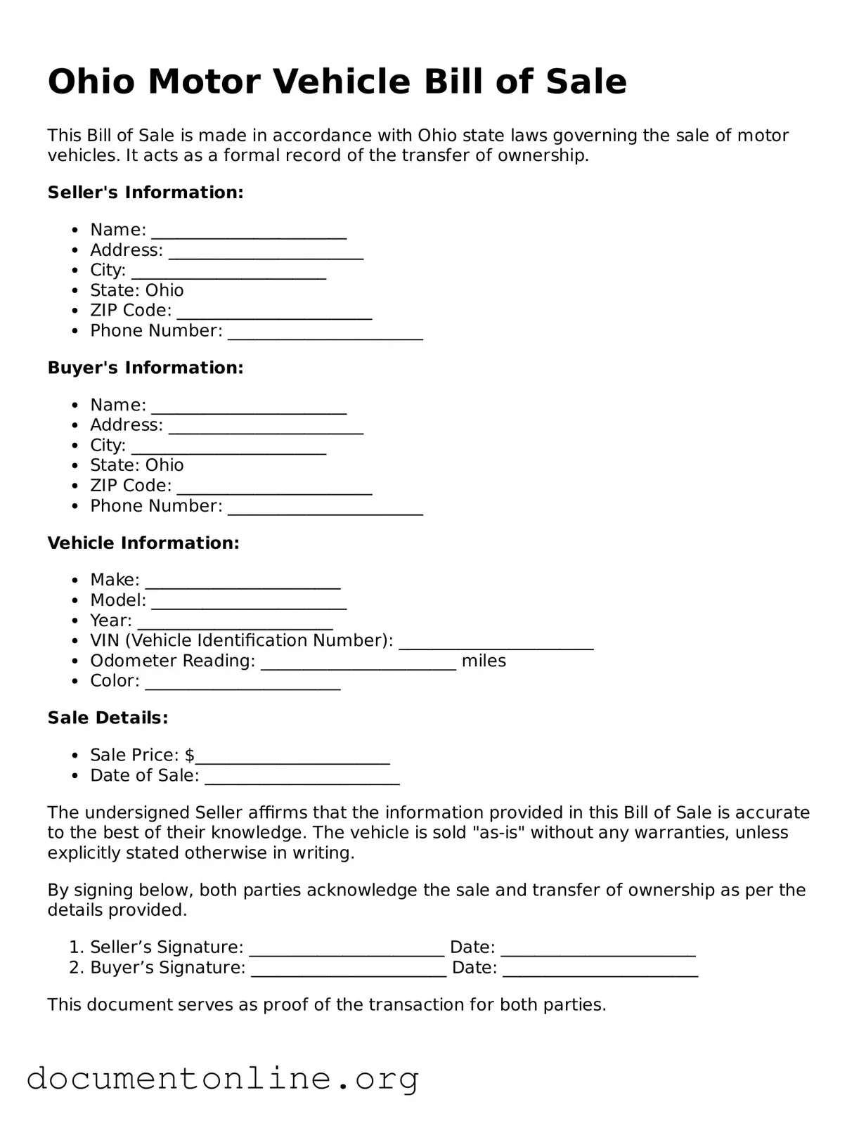 Free Motor Vehicle Bill of Sale Form for Ohio State