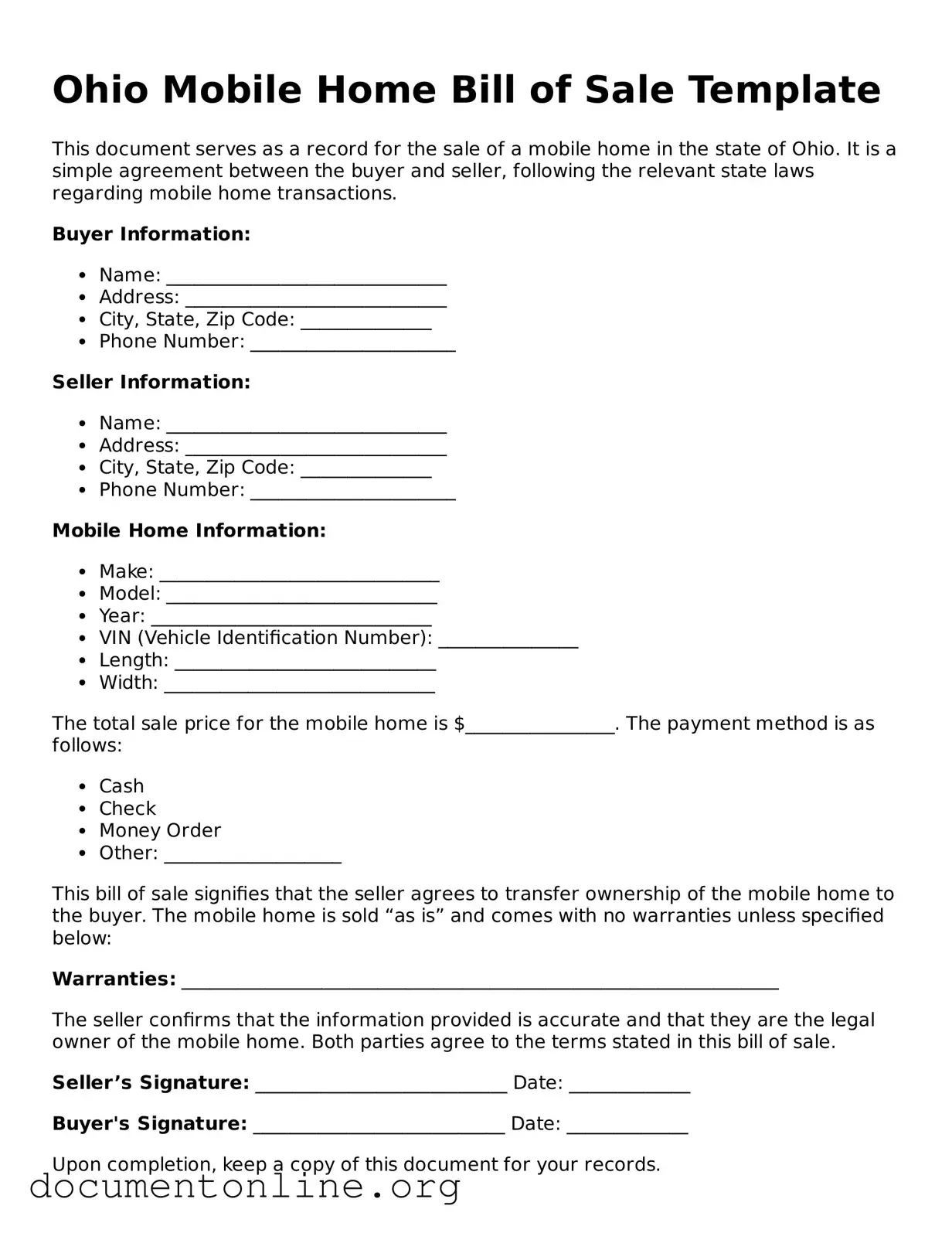 Free Mobile Home Bill of Sale Form for Ohio State