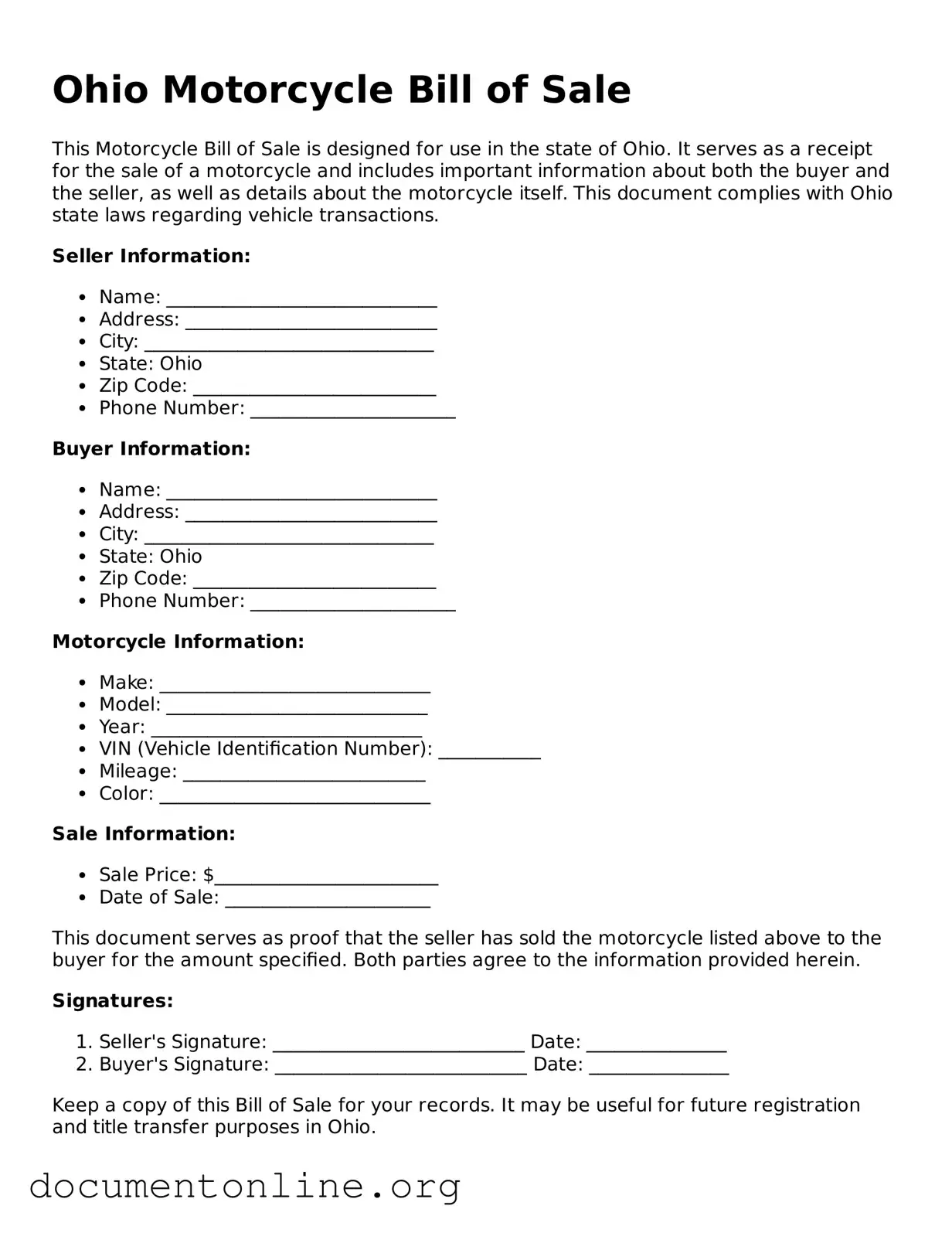 Free Motorcycle Bill of Sale Form for Ohio State