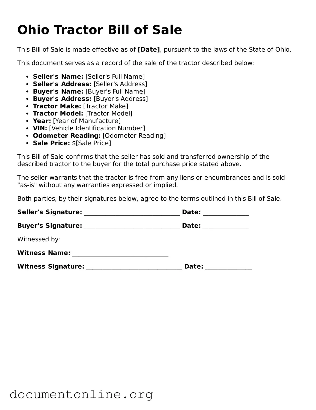Free Tractor Bill of Sale Form for Ohio State