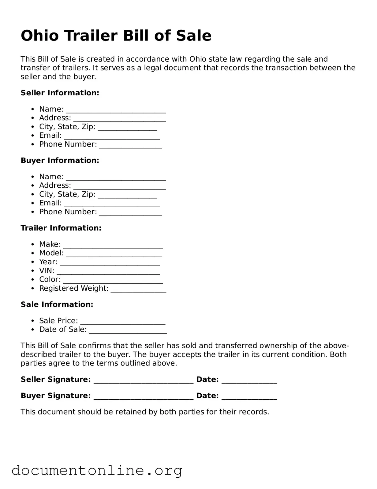 Free Trailer Bill of Sale Form for Ohio State