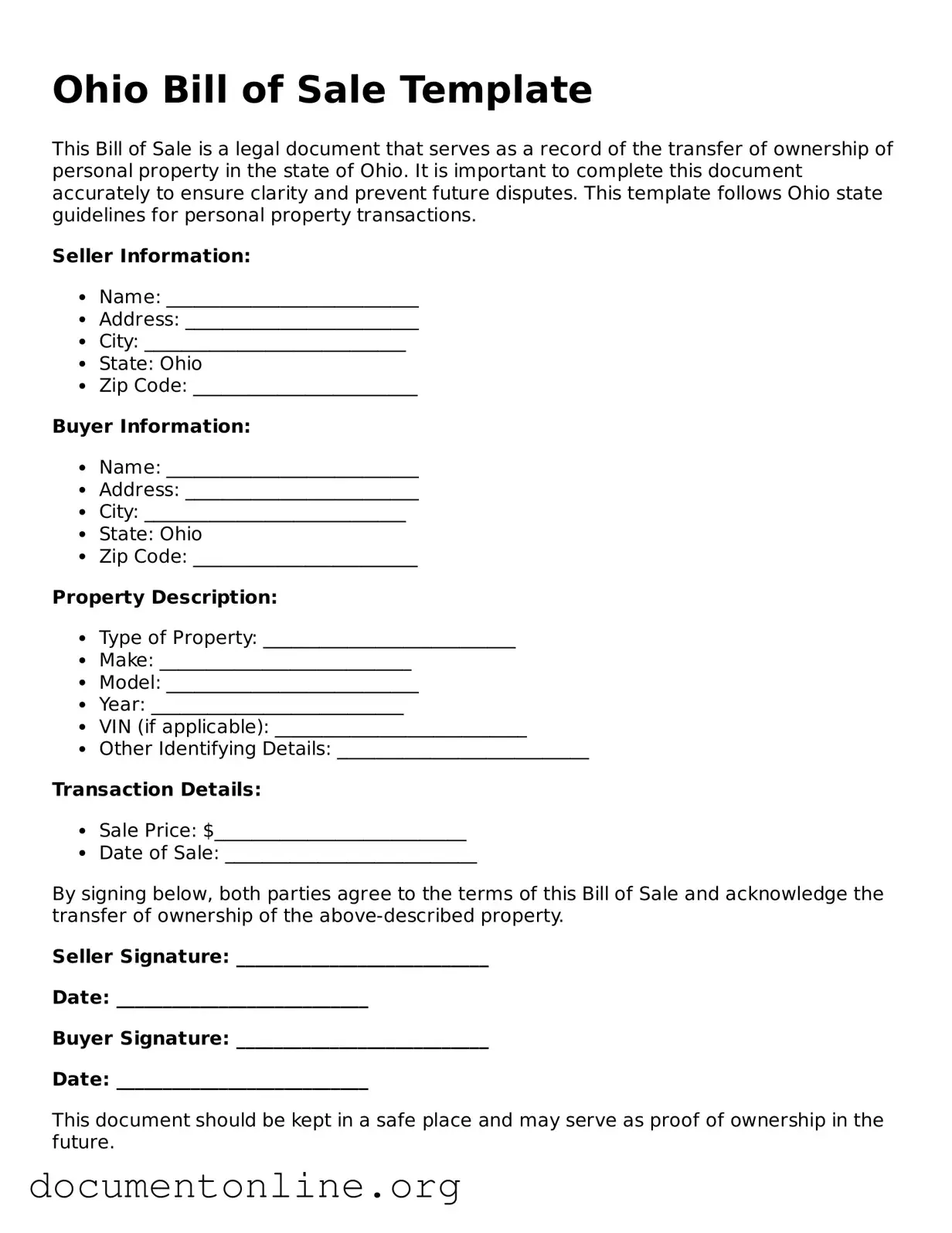 Free Bill of Sale Form for Ohio State