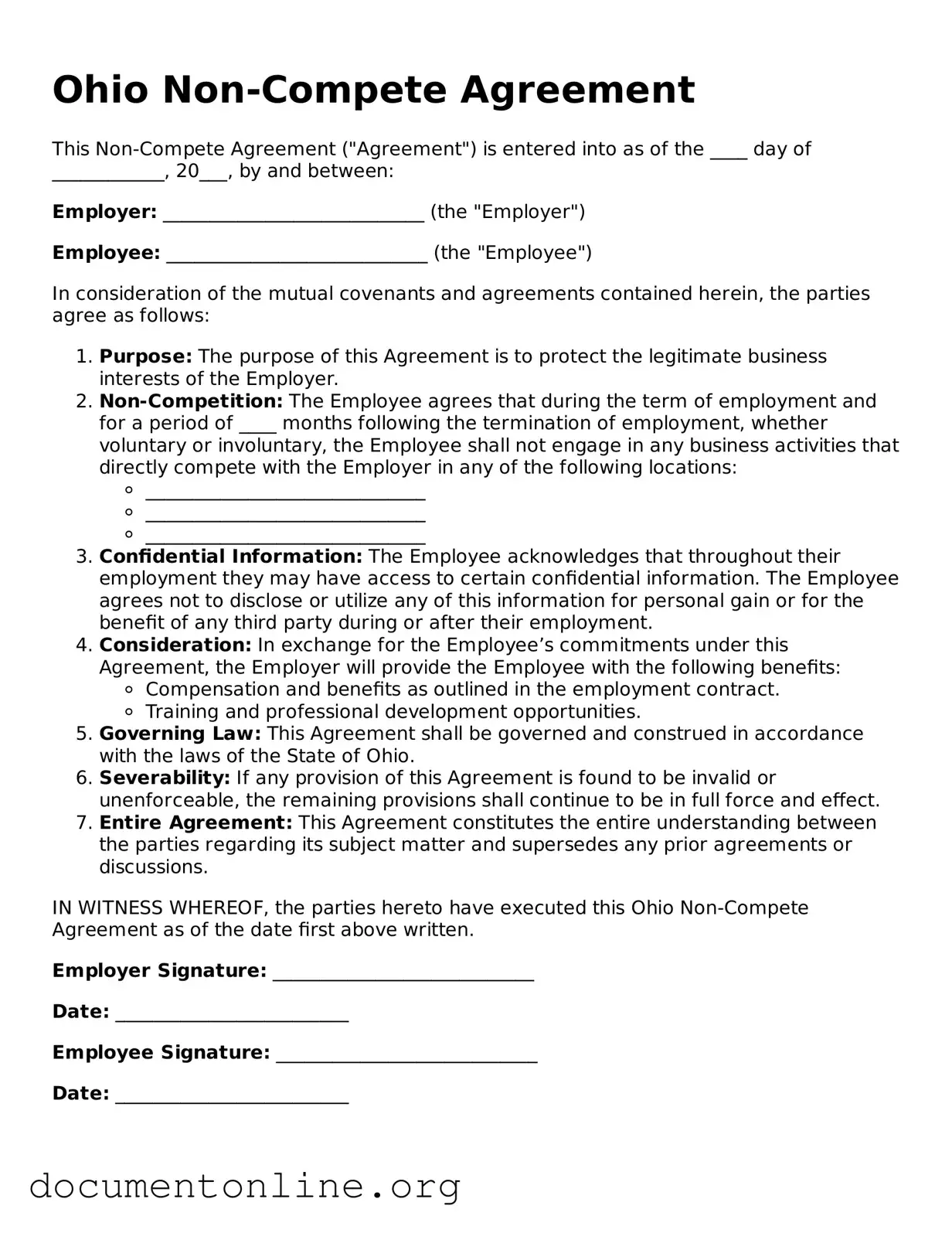 Free Non-compete Agreement Form for Ohio State